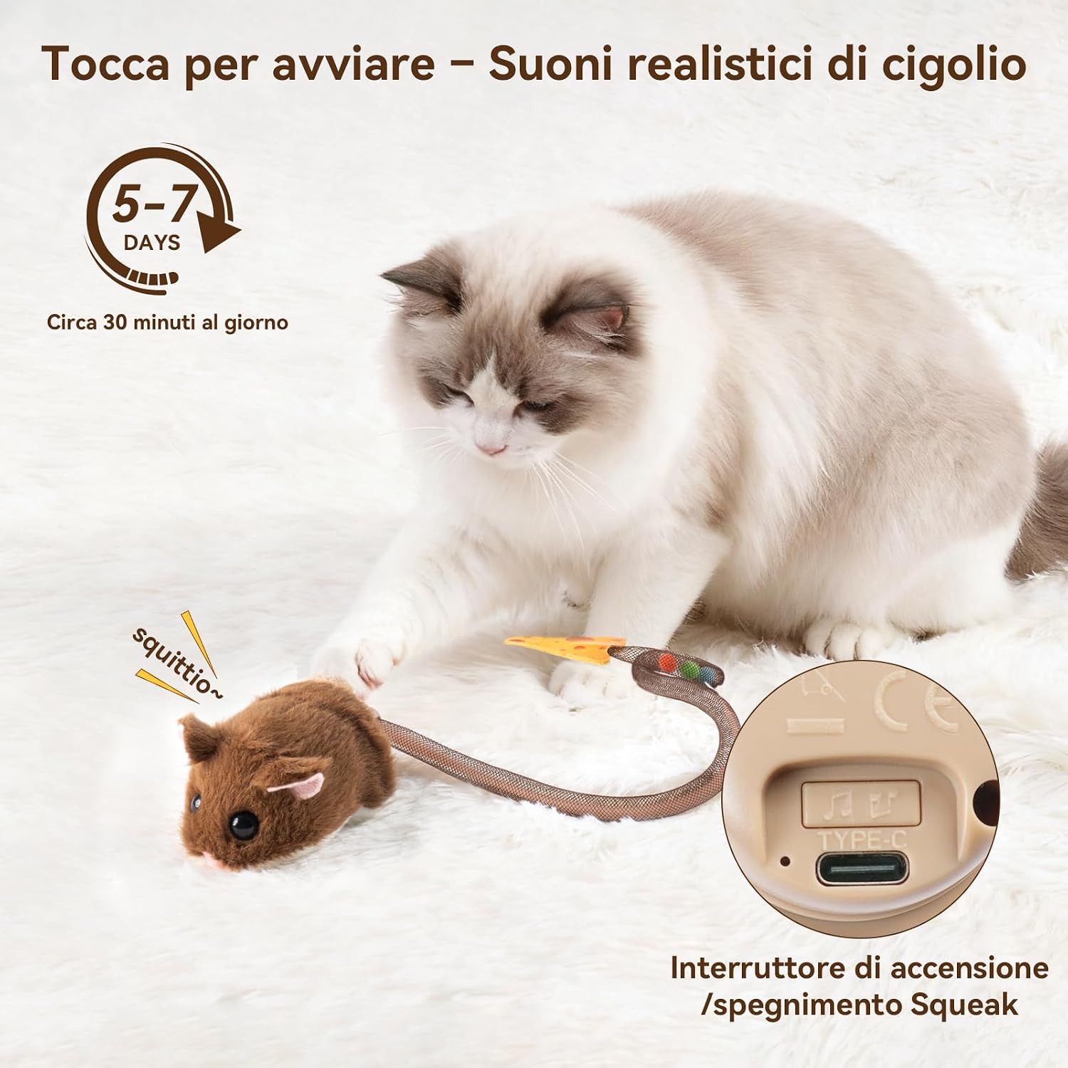 Detalle de Migipaws giocattolo interattivo per gatti con topolino elettrico e coda flessibile (ricaricabile)