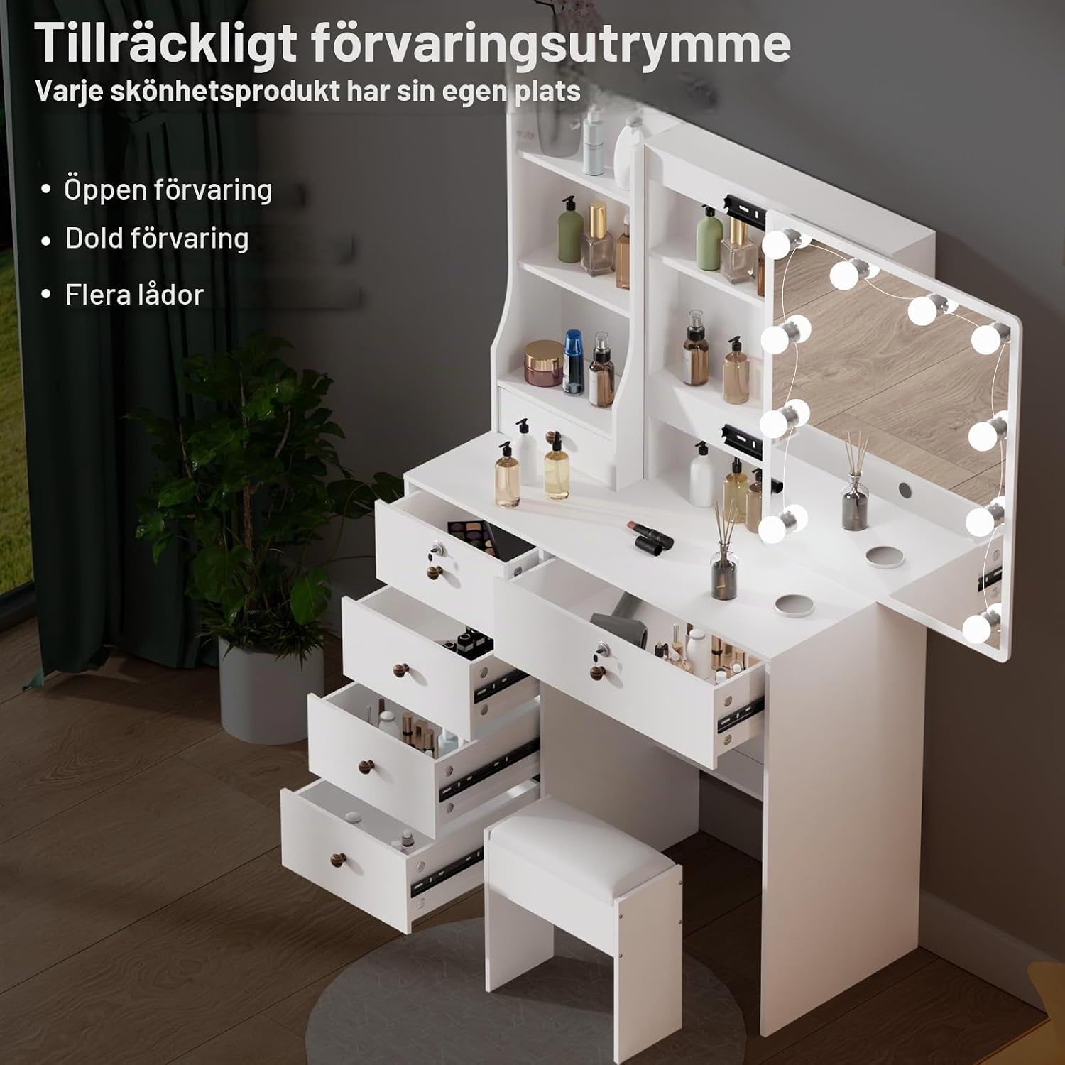 Detalle 2 de Dradaomull 15 sminkbord med LED-spegel, 10 lampor och 6 lådor