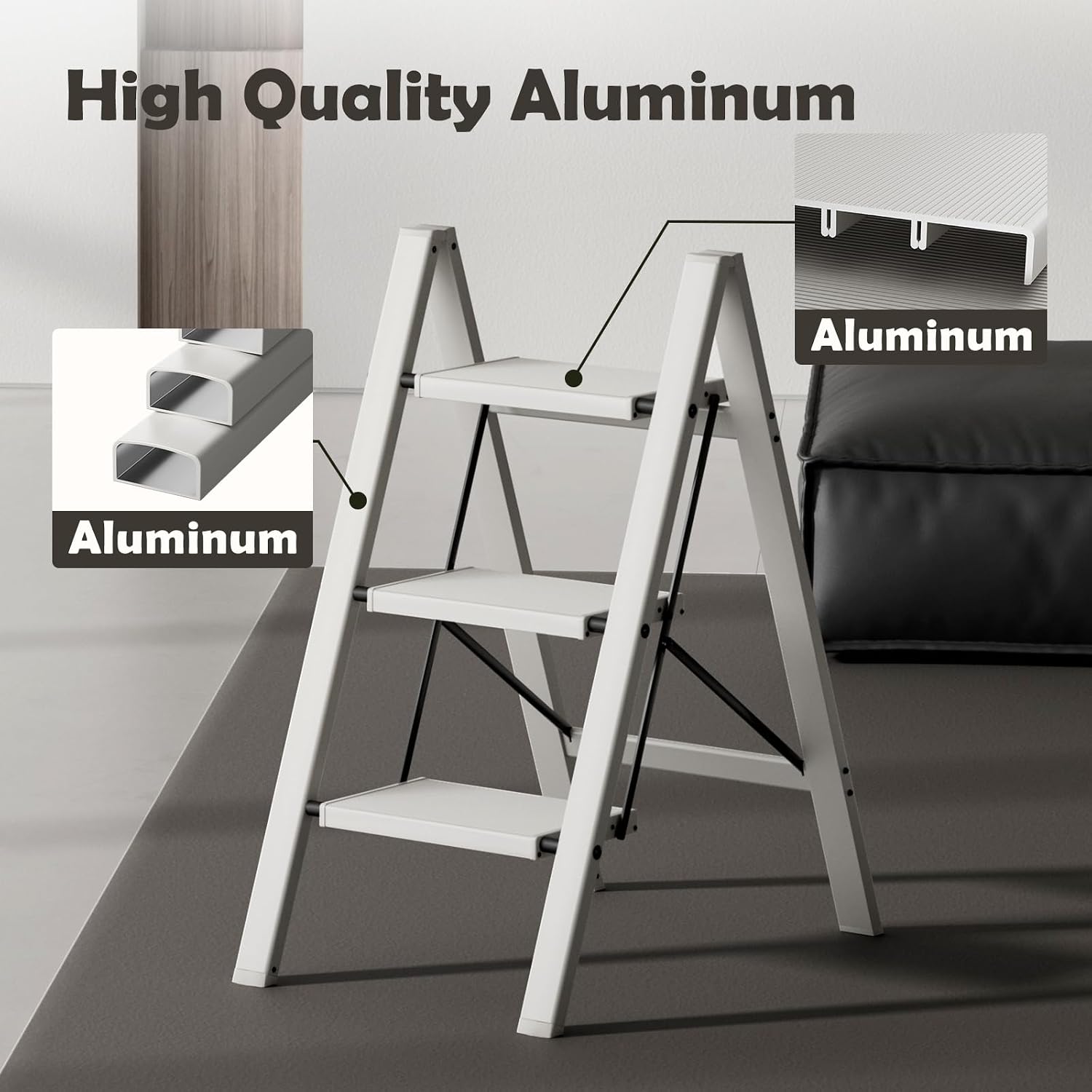 Detalle de taranta L0203 3-Step Aluminum Step Stool, Foldable, Misty Gray, 330 lb Capacity