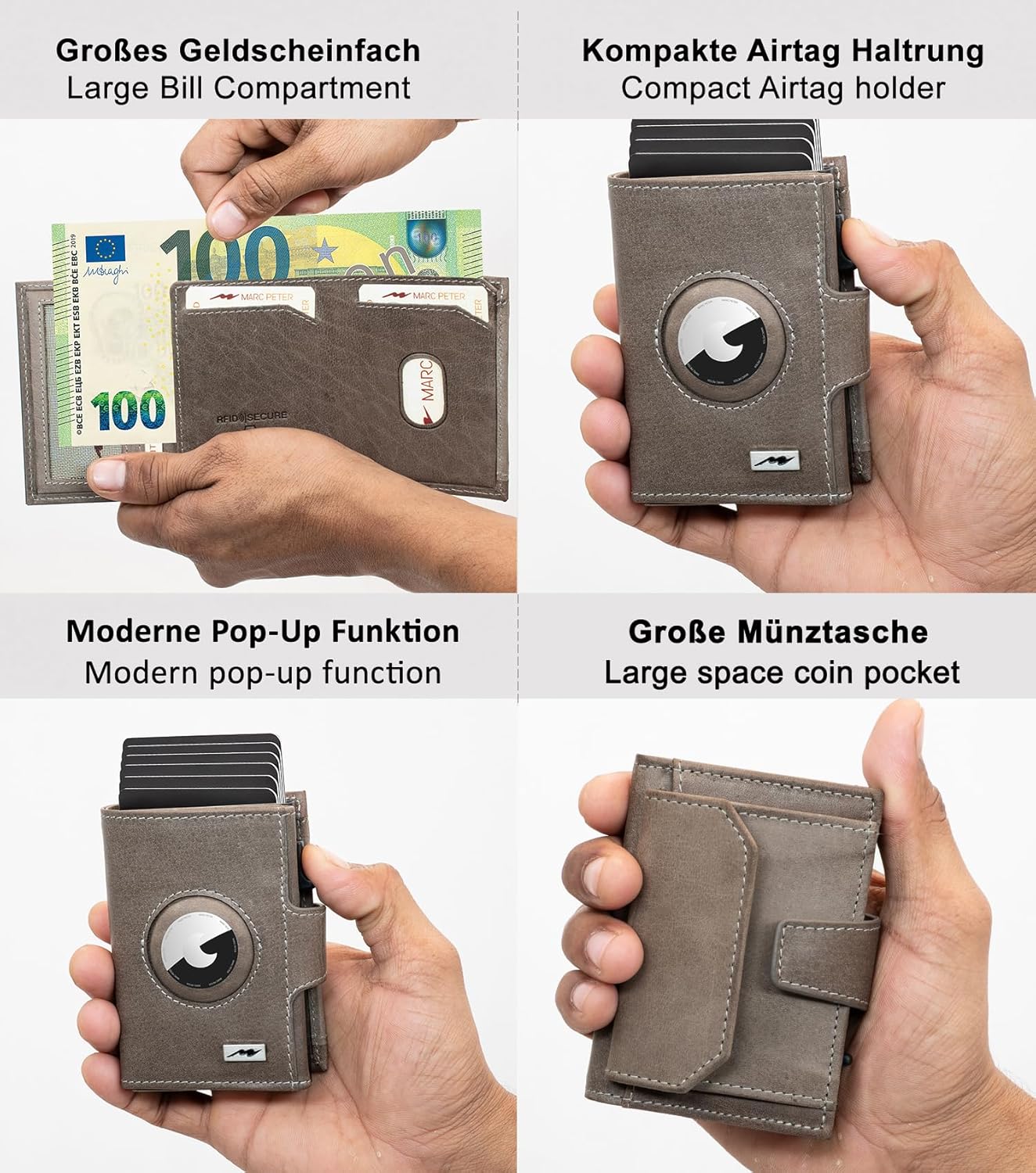 Thumbnail 3 de Marc Peter Chicago Leder Push Air Slim Wallet – Airtag Münzfach, RFID-Schutz, Grau