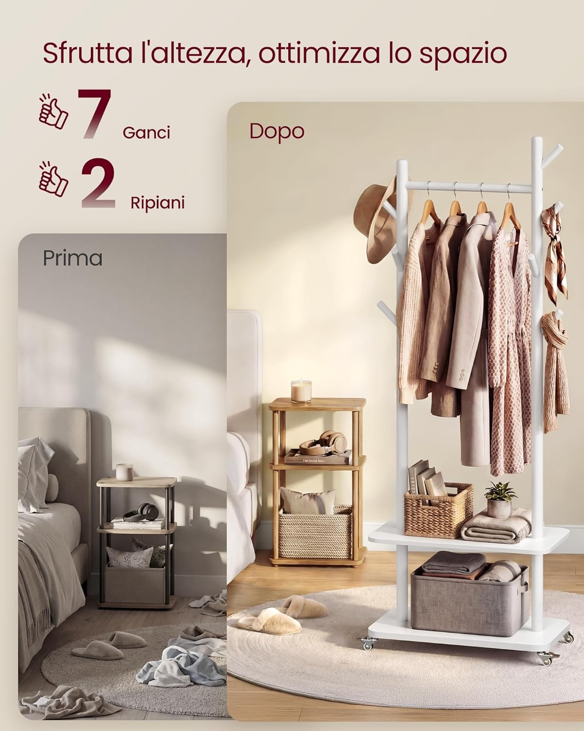 Detalle de VASAGLE Attaccapanni da Terra con 7 Ganci e 2 Ripiani, Bianco Nuvola – modello RCR053WH01