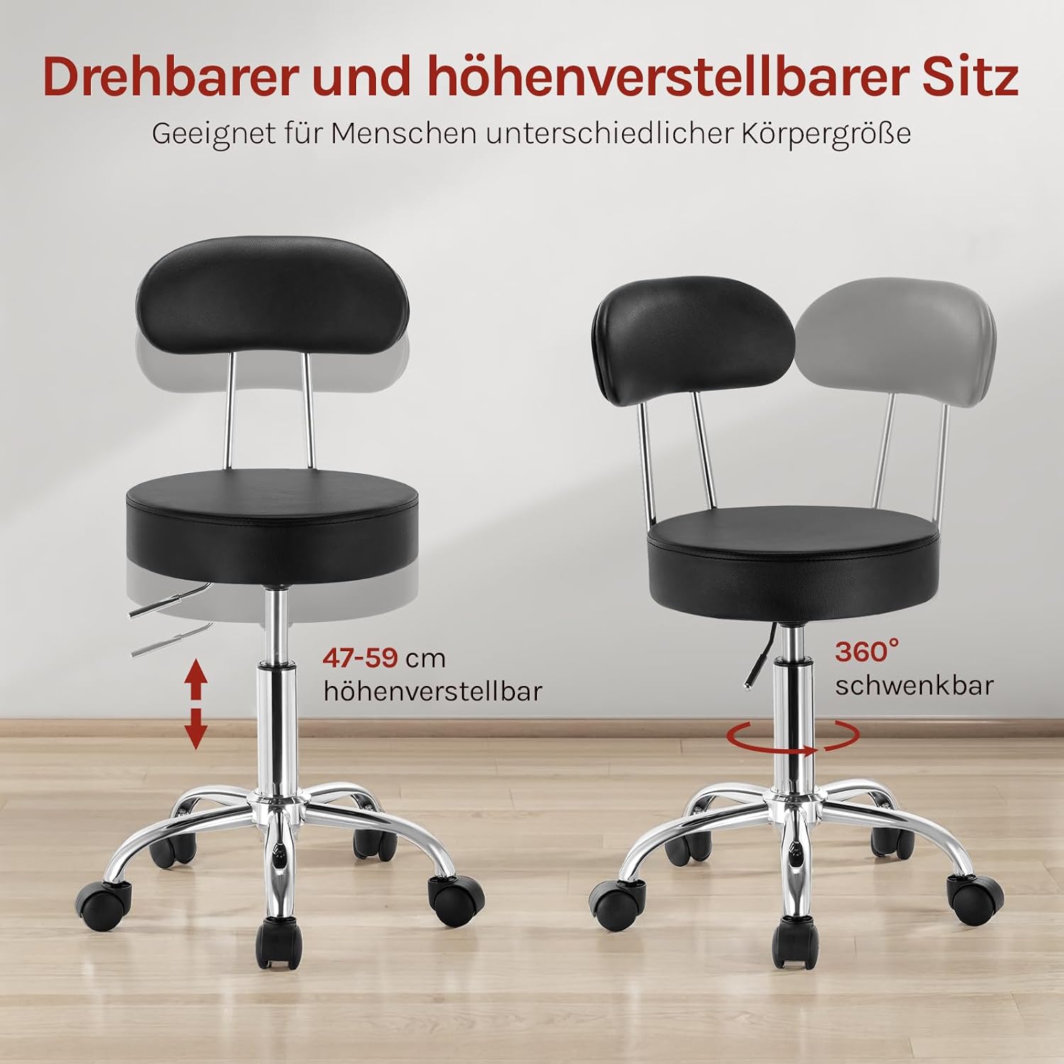 Detalle 1 de WOLTU Rollhocker mit Rückenlehne – höhenverstellbar mit Rollen & 360° Drehfunktion