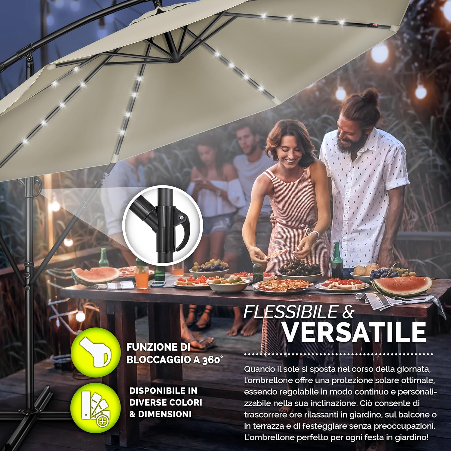 Thumbnail 5 de Tillvex Ombrellone da giardino LED solare Ø300 cm con manovella e base | Alluminio impermeabile