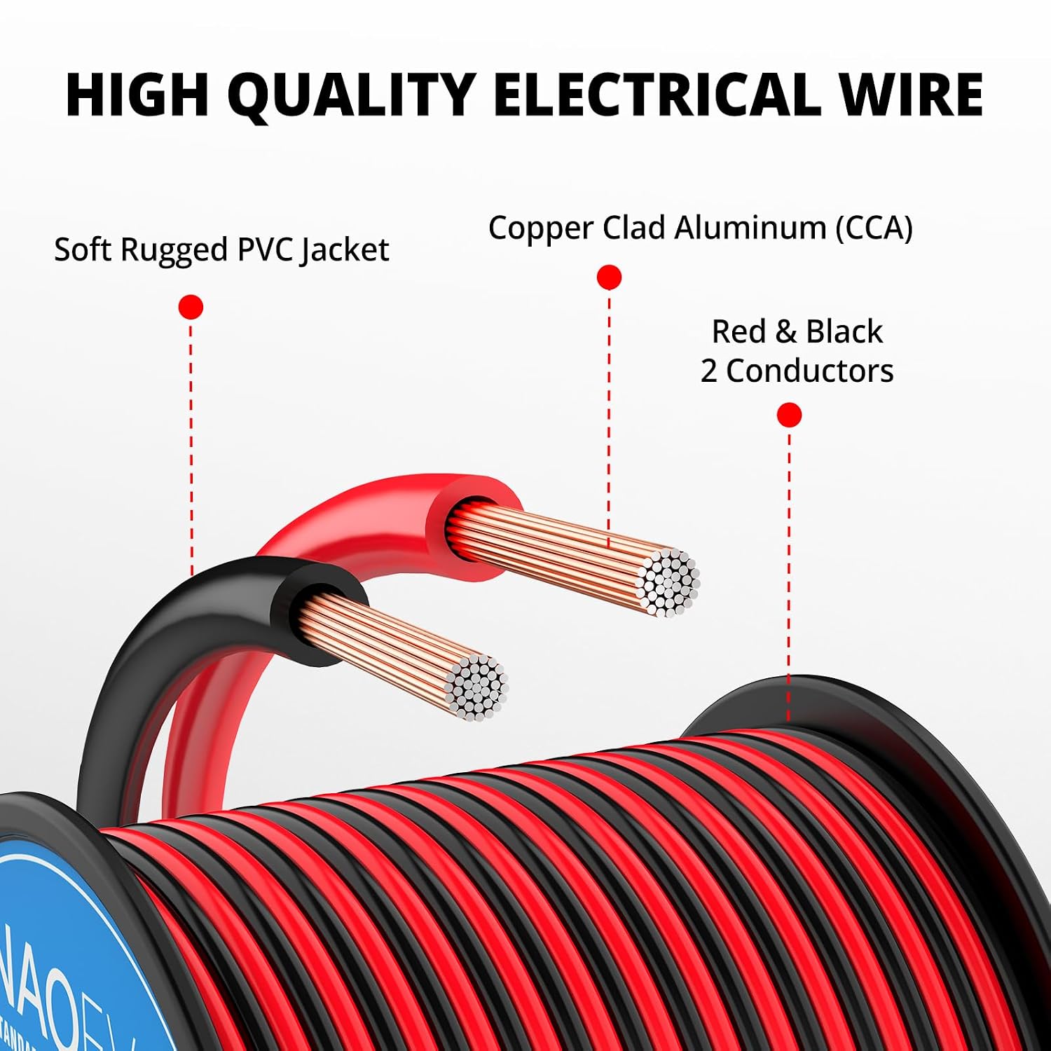 Detalle 2 de NAOEVO 18 AWG 2-Conductor Electrical Wire, CCA, Red and Black, 100 ft