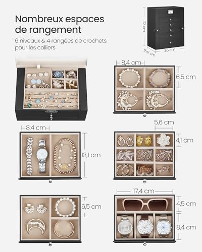 Detalle de SONGMICS Boîte à Bijoux 6 Niveaux JBC152B01 – Écrin avec Miroir, 4 Rangées de Crochets et Verrouillage