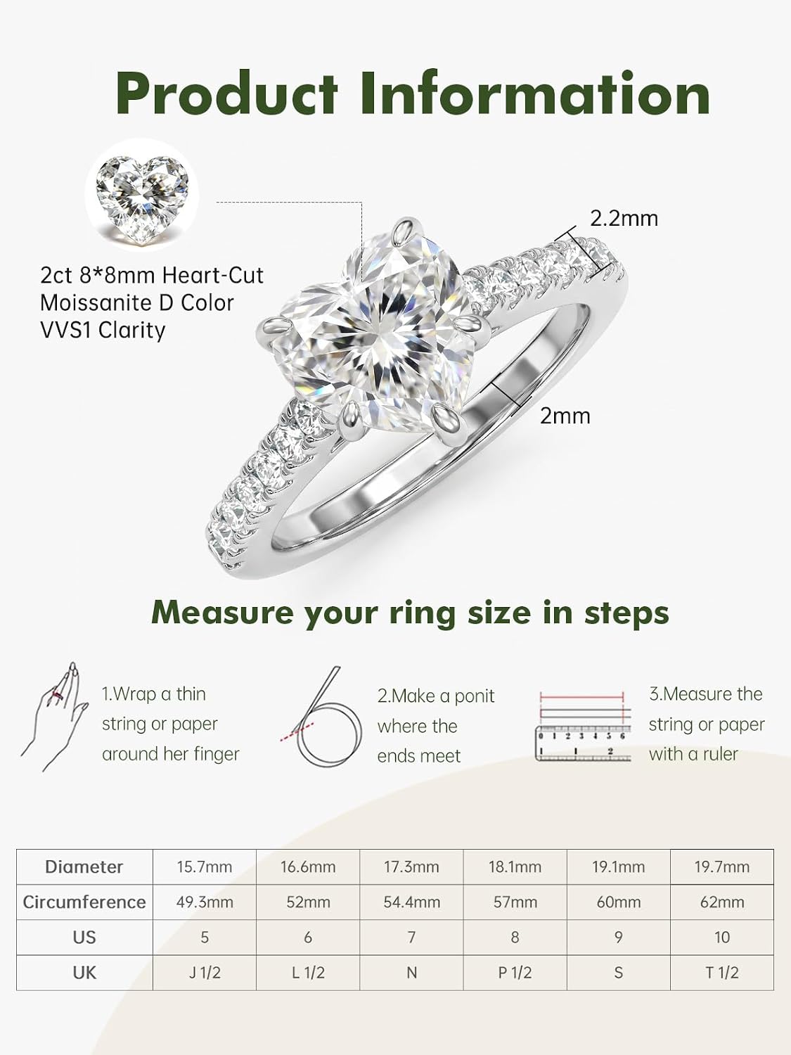 Detalle de MystiqueMark Heart-Cut Moissanite Ring, Sizes 5–10
