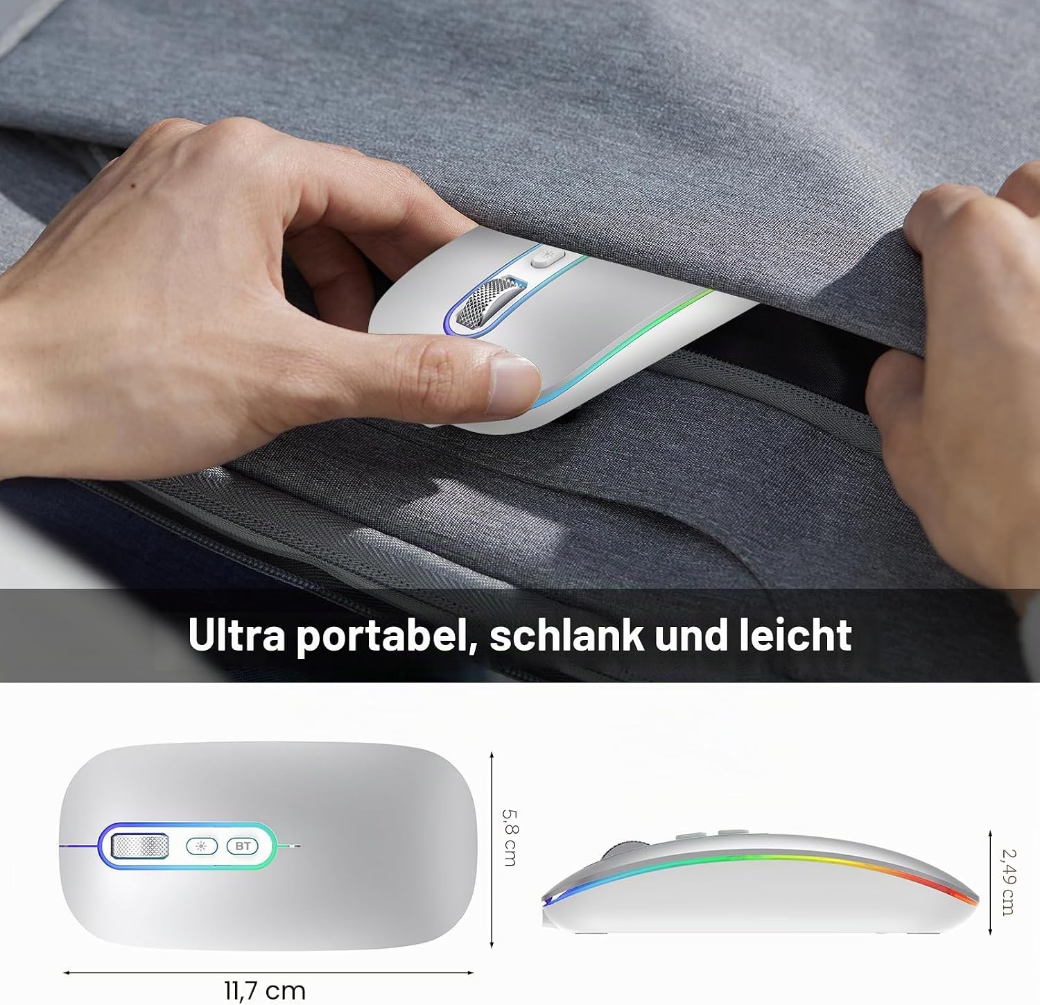 Detalle de cimetech Dual-Mode Bluetooth 5.1 & 2,4 GHz optische Office-Funkmaus (wiederaufladbar) mit USB‑C Adapter