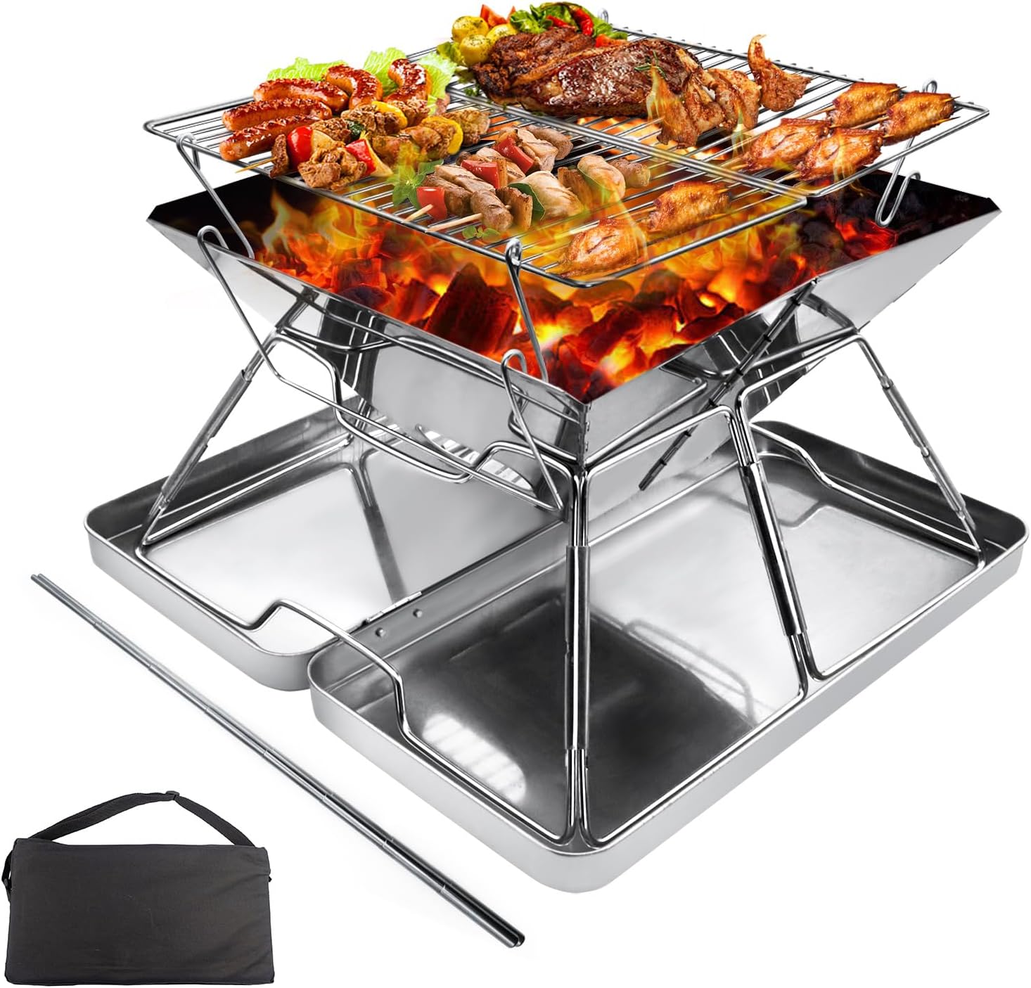 Detalle de Hanviter Portable Fire Pit for Camping – Collapsible stainless steel grill with carry box for BBQs, picnics and bonfires