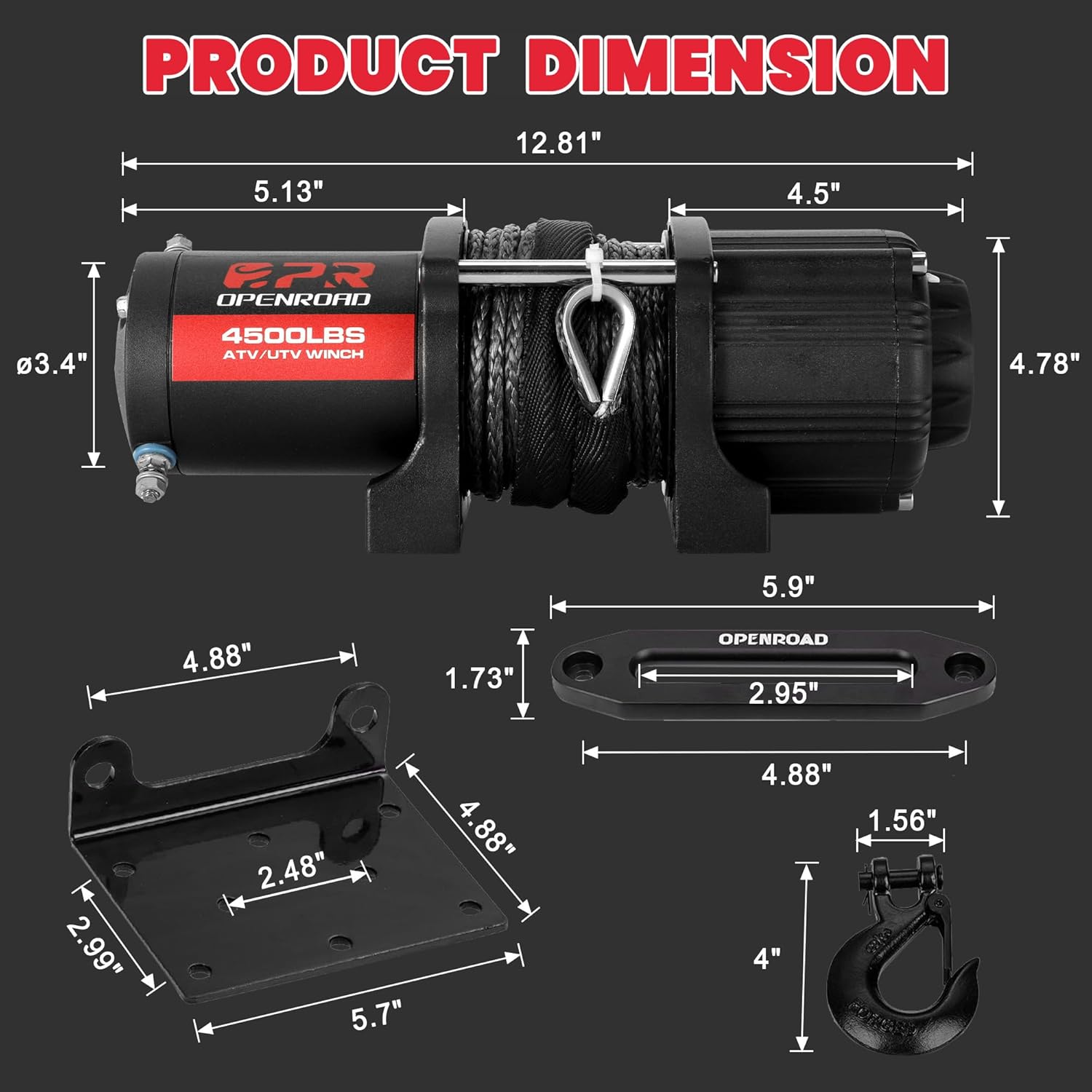 Thumbnail 4 de OPENROAD 4500 lb ATV/UTV Winch with 50 ft Synthetic Rope and Wireless Remote