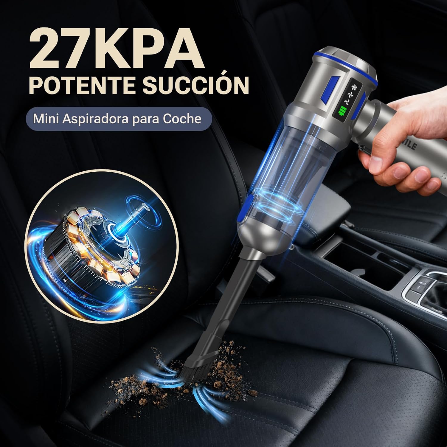 Detalle 2 de Yomile Aspirador de Mano 4 en 1 sin cable 27.000Pa/120W (27000Pa) con batería 9000mAh y USB‑C