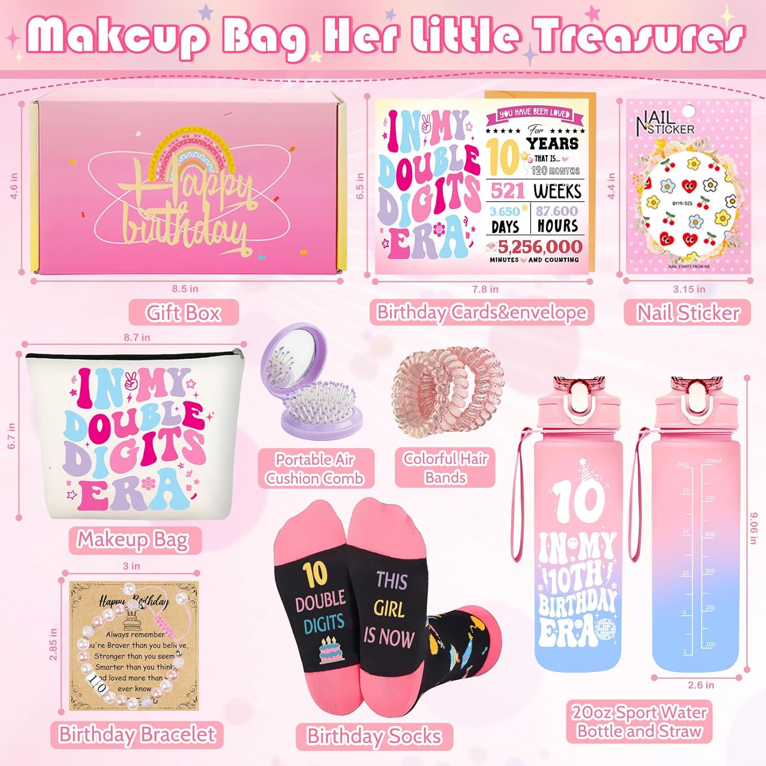 Detalle 2 de 10 Year Old Girl Birthday Gifts Set (10th Birthday Gift Ideas) with 20oz Water Bottle, Makeup Bag, Hair Accessories & More