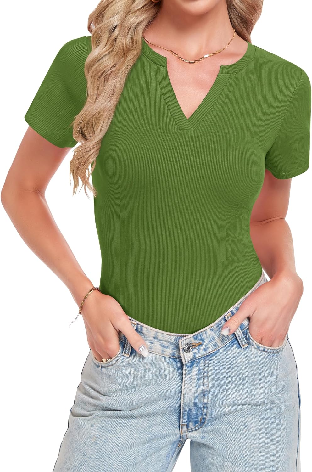 Thumbnail 3 de WNEEDU Maglietta Donna Manica Corta con scollo a V – Slim Fit, tinta unita (XS-2XL)