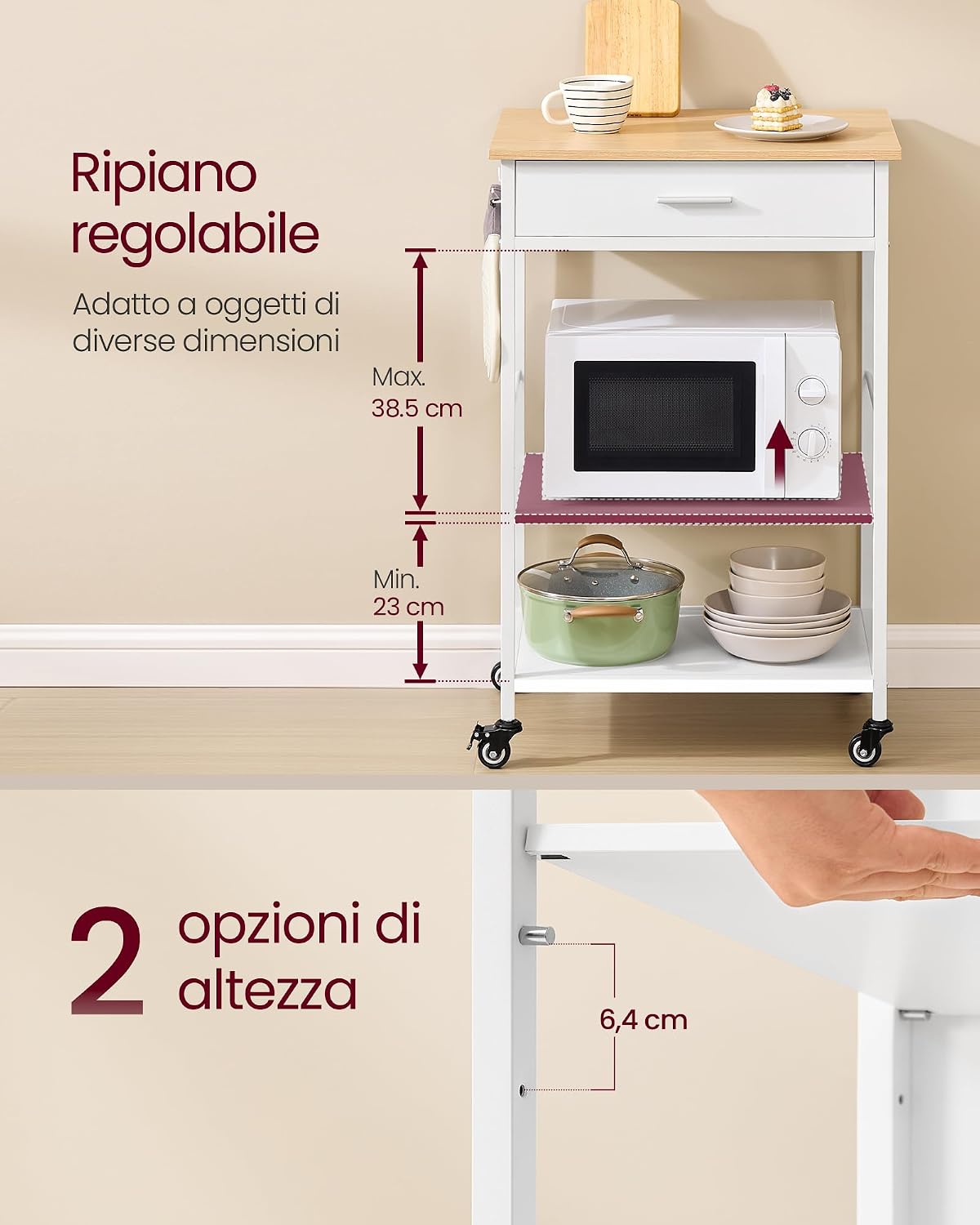 Thumbnail 3 de VASAGLE Isola da Cucina Mobile con Ruote KKI007Y01 – Rovere Beige e Bianco Opaco