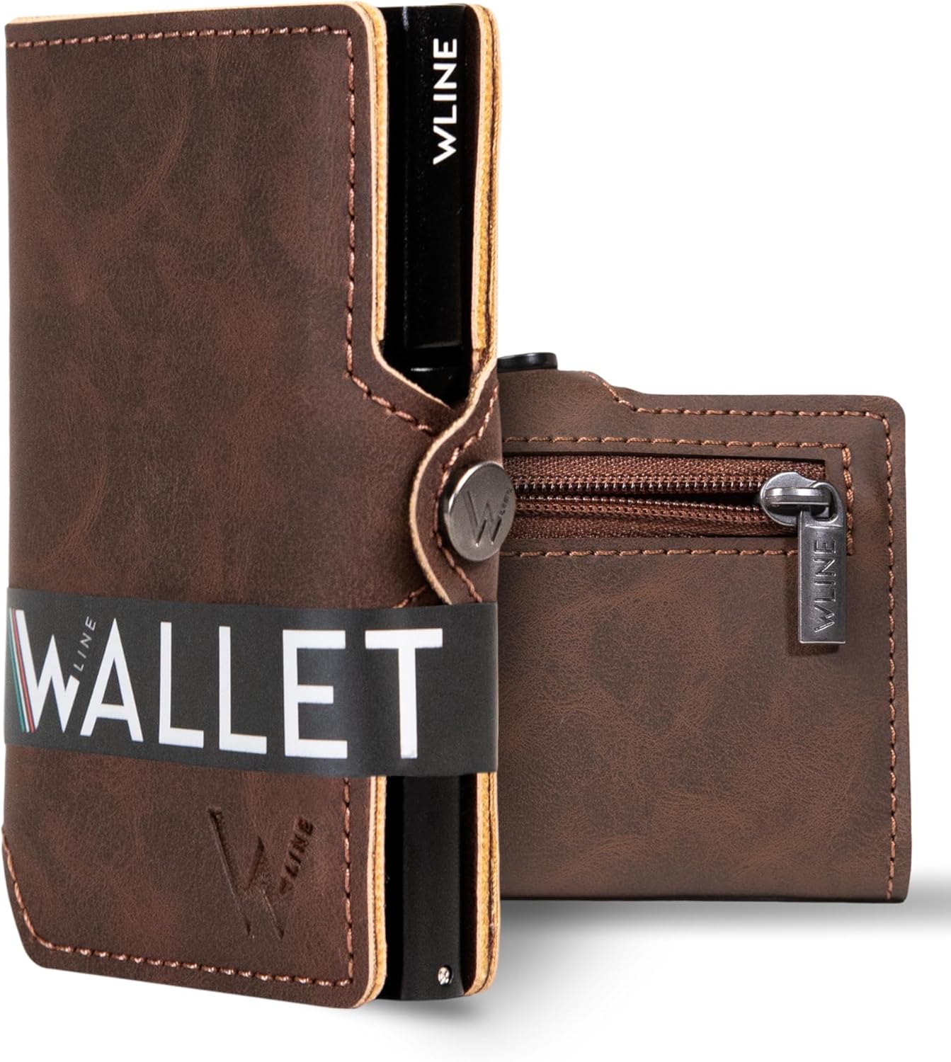 Detalle de WLine Portafoglio Uomo Slim con Portamonete RFID – Marrone Scuro Vintage con Zip, 6 tessere, chiusura a bottone