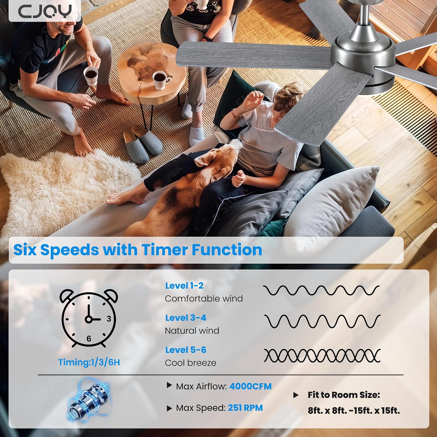 Thumbnail 2 de CJOY 42-inch Silver Ceiling Fan with Lights and Remote, 6 Speeds, DC Motor, 3CCT, Dimmable, Sleep & Timer