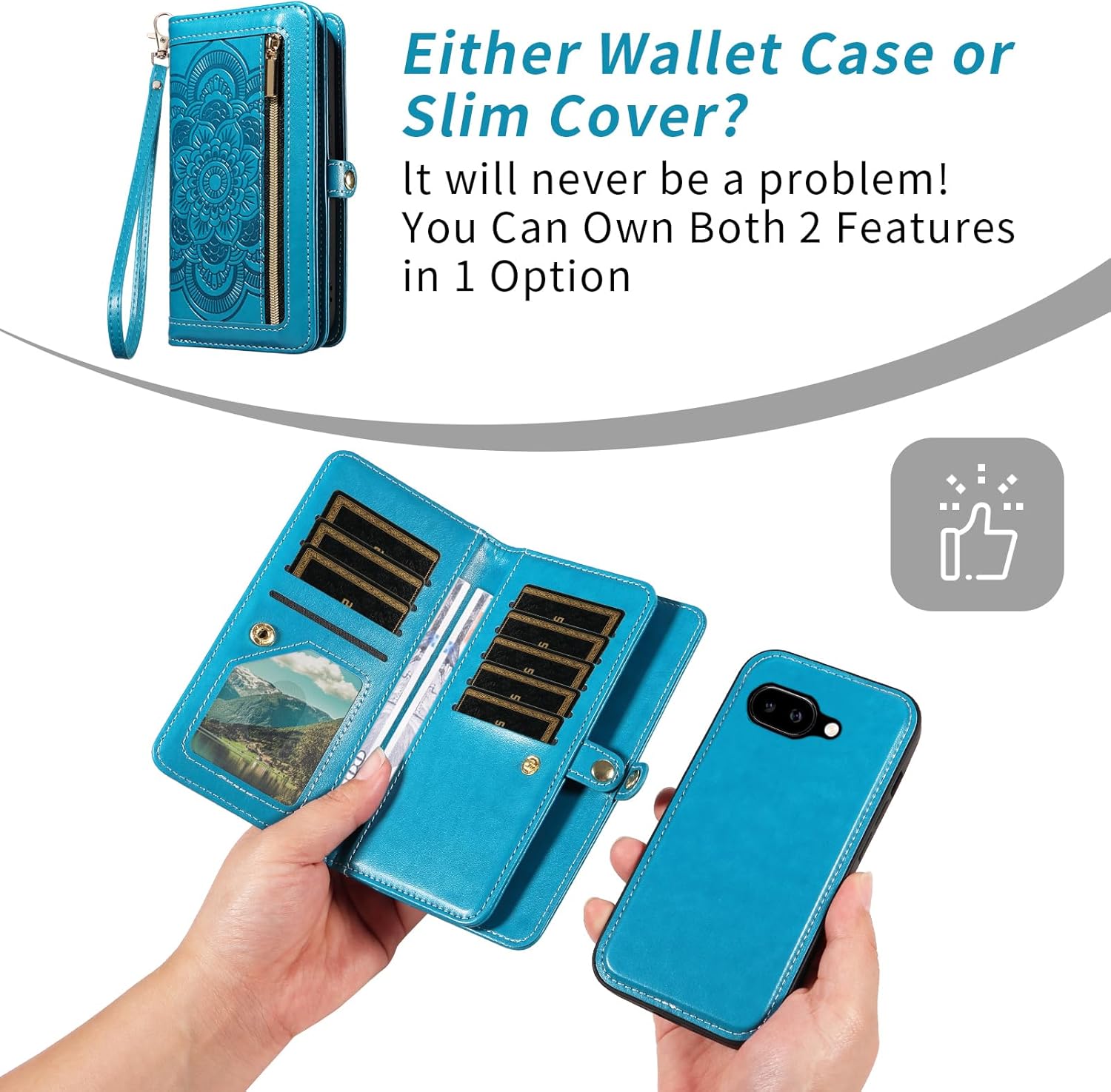 Thumbnail 2 de Asuwish Wallet Case for Google Pixel 9A with Zipper, Detachable Straps and Tempered Glass Protector