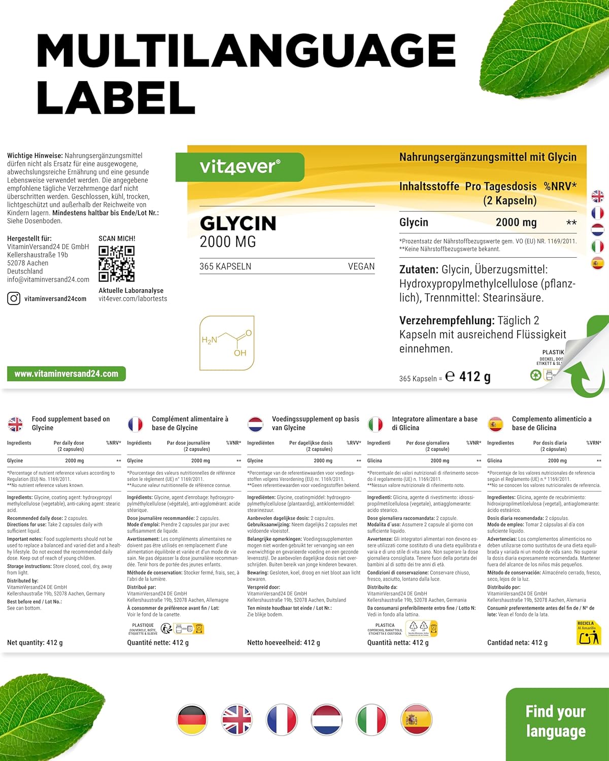 Detalle de vit4ever Glycin 365 Kapseln – hochdosiertes L-Glycin (2000 mg/Tag) vegan
