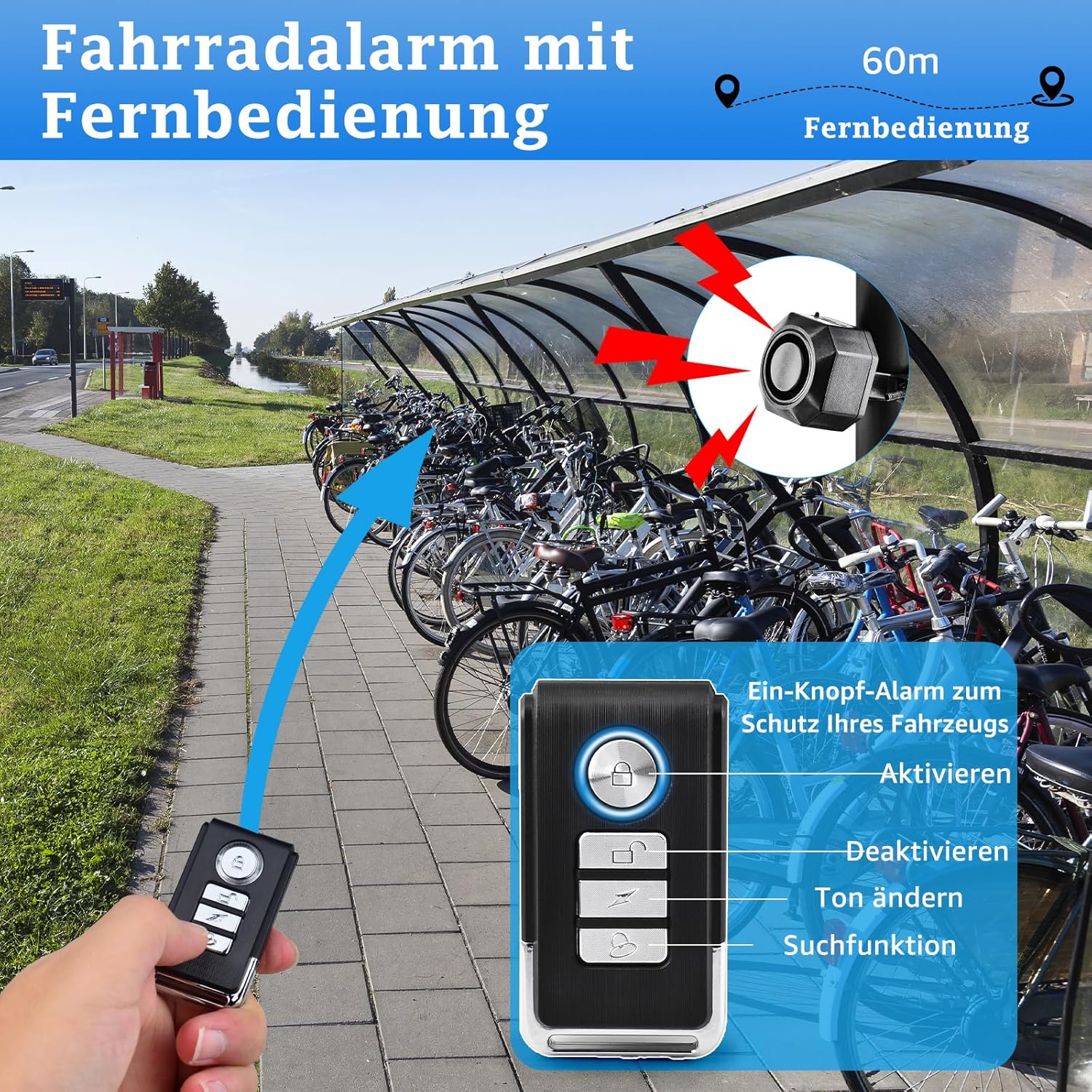Thumbnail 3 de NineLeaf Fahrrad-Alarmanlage mit USB & Halterung – 110 dB, wasserdicht (IP54) und mit Fernbedienung