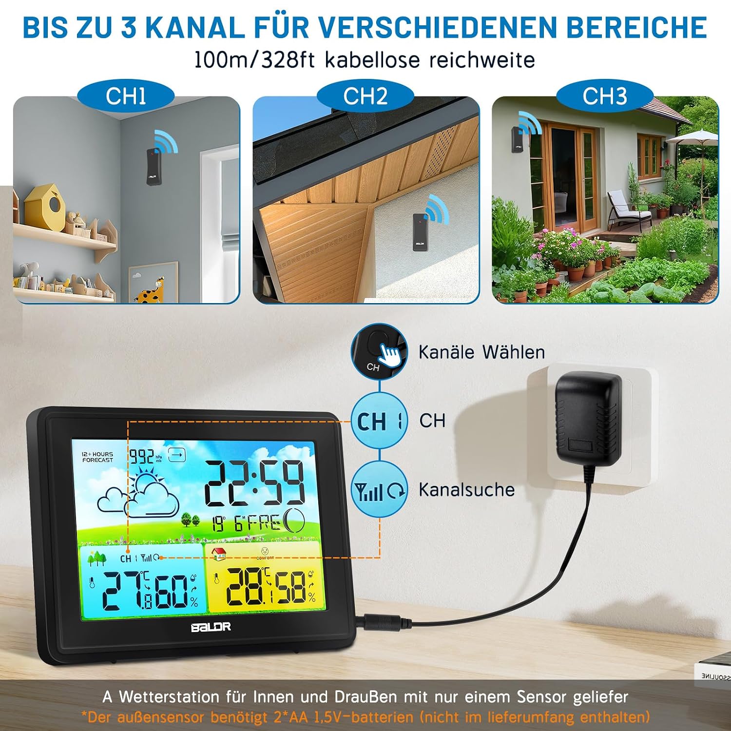 Detalle 1 de Wetterstation Funk mit Außensensor 100 m