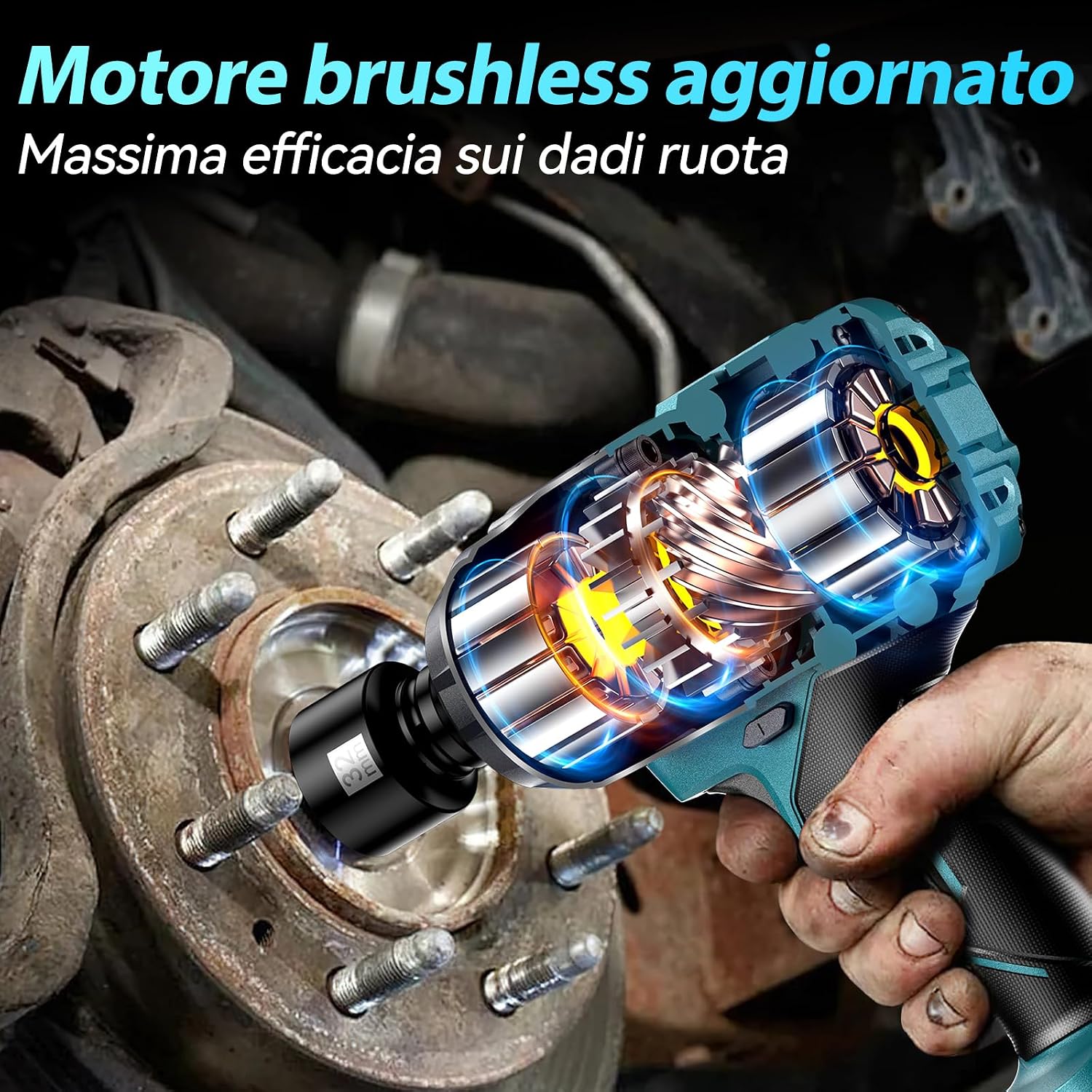 Detalle de Uaoaii Avvitatore a impulsi a batteria 1600 Nm 1/2": kit completo con 2 batterie e prolunga