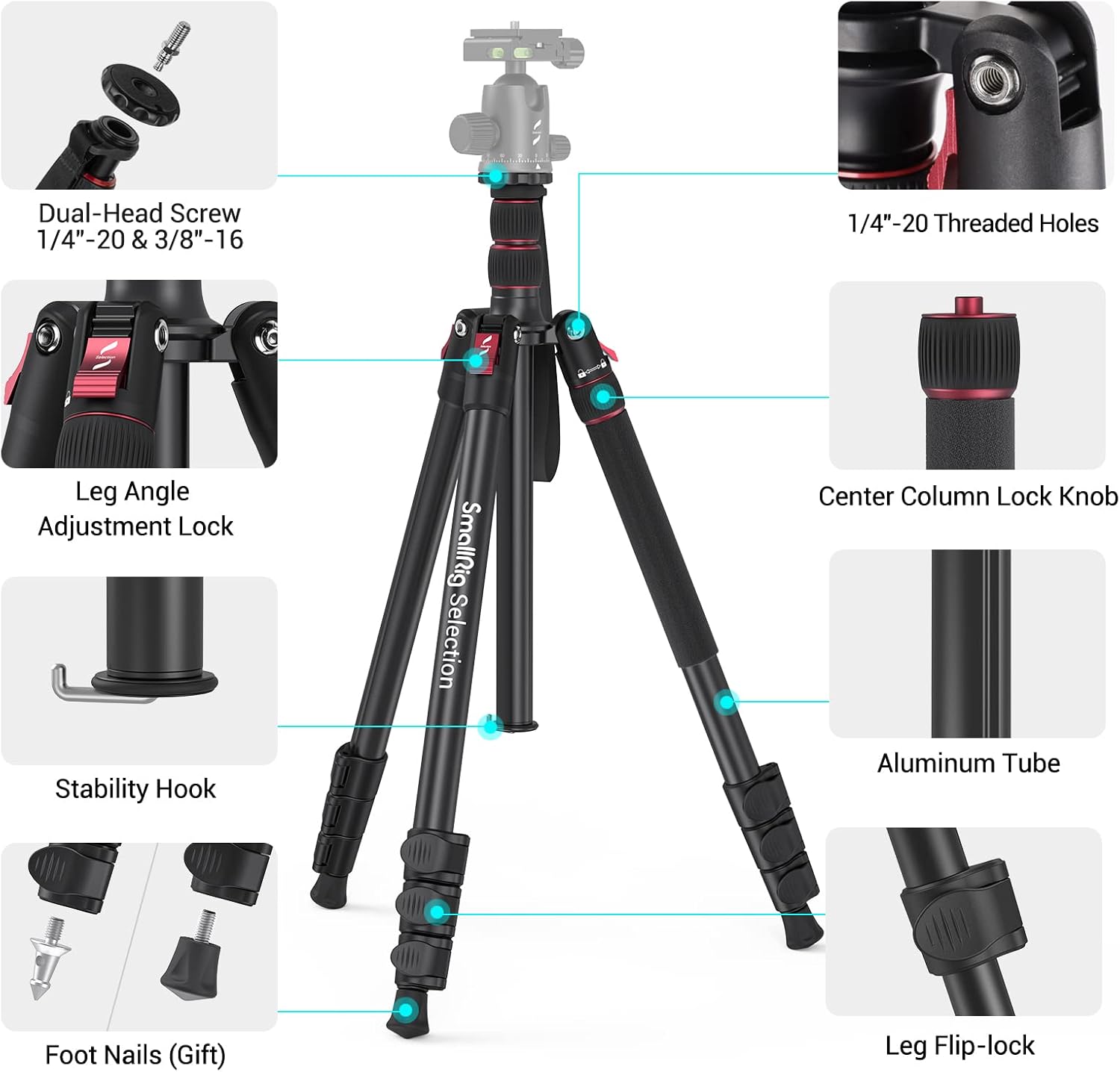 Detalle de SMALLRIG Trépied/monopode en aluminium pliable 3983, compatible têtes 1/4-20 et 3/8-16