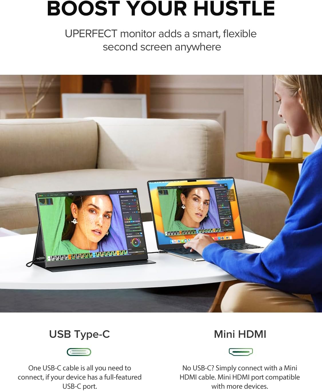 Detalle 2 de UPERFECT Portable Monitor 4K 14,5" – 3840x2400, Tragbarer Zweitbildschirm mit Smart Cover