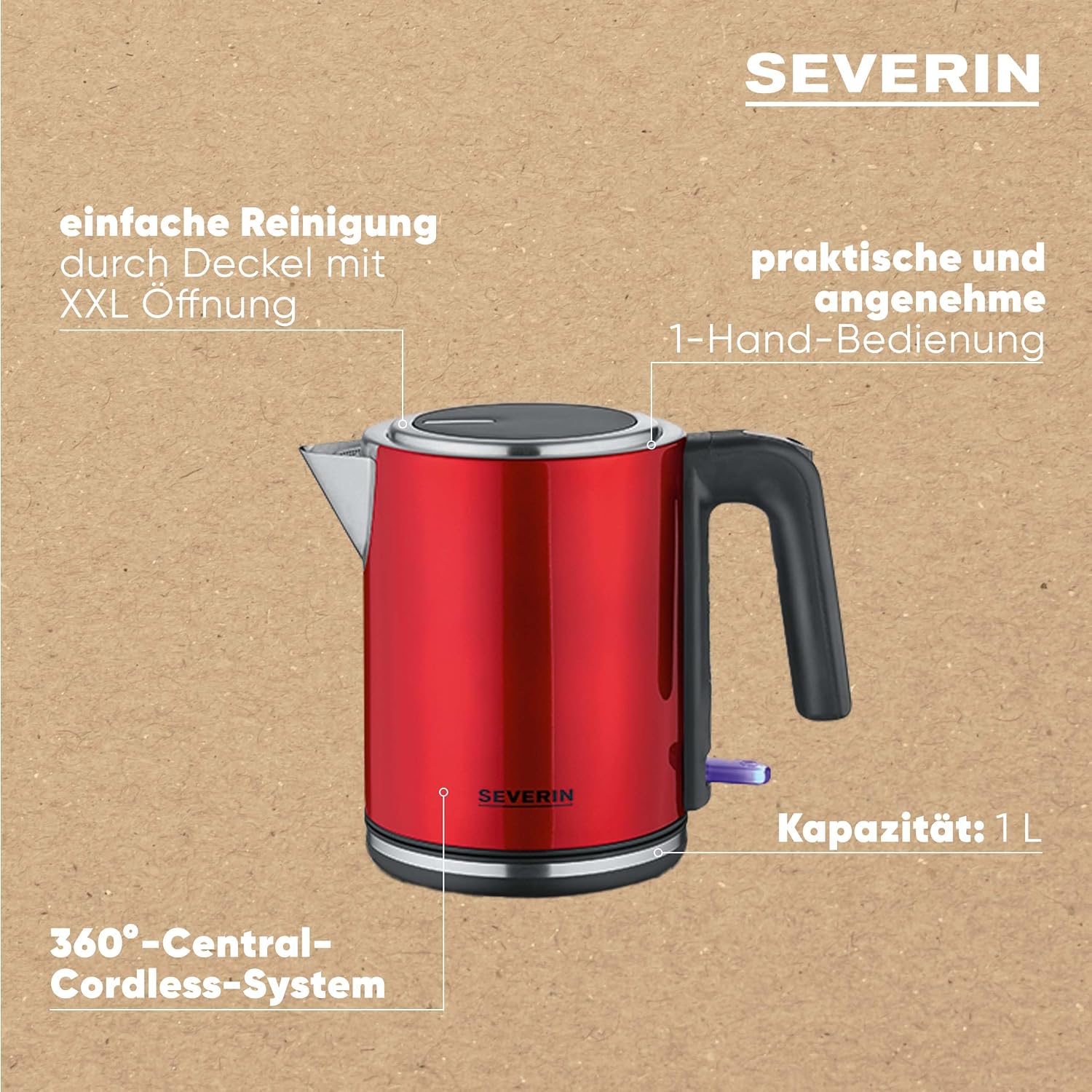 Thumbnail 3 de Severin Elektrischer Wasserkocher 1L mit Kalkfilter, Edelstahl, 2400W – rotes Design, XXL-Öffnung