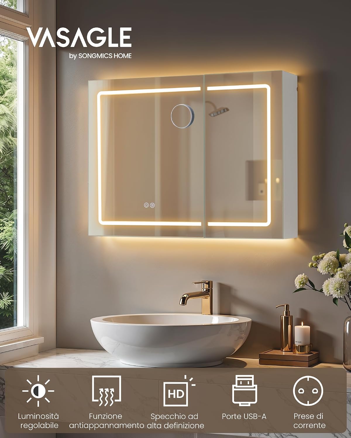 Detalle de VASAGLE Kailyn Collezione – Armadietto a Specchio da Parete per Bagno con LED e Presa Multipla (Bianco, 16,5 x 80 x 60 cm, BBK134W01)