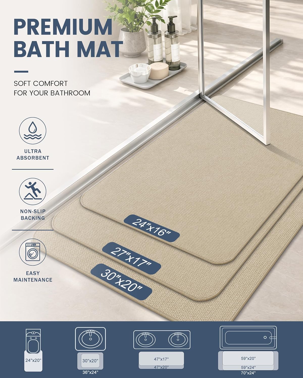 Thumbnail 1 de Smiry Memory Foam Bath Mat 36"x24" in Sage Green — Ultra Soft Non-Slip, Quick-Dry & Machine Washable