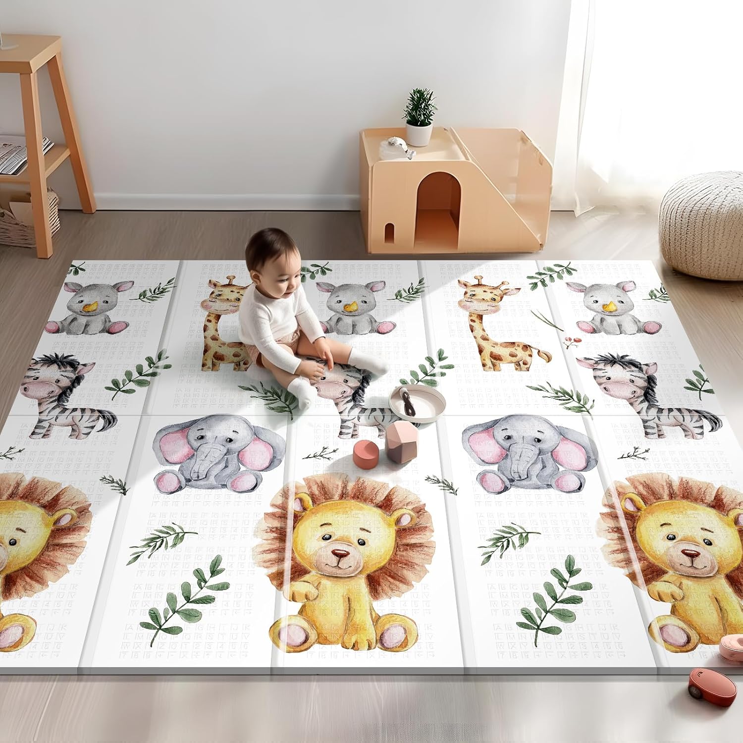 Detalle de NOONKTY 79 x 71-Inch Baby Play Mat, Foldable Waterproof XPE Foam, Giraffe & Lion