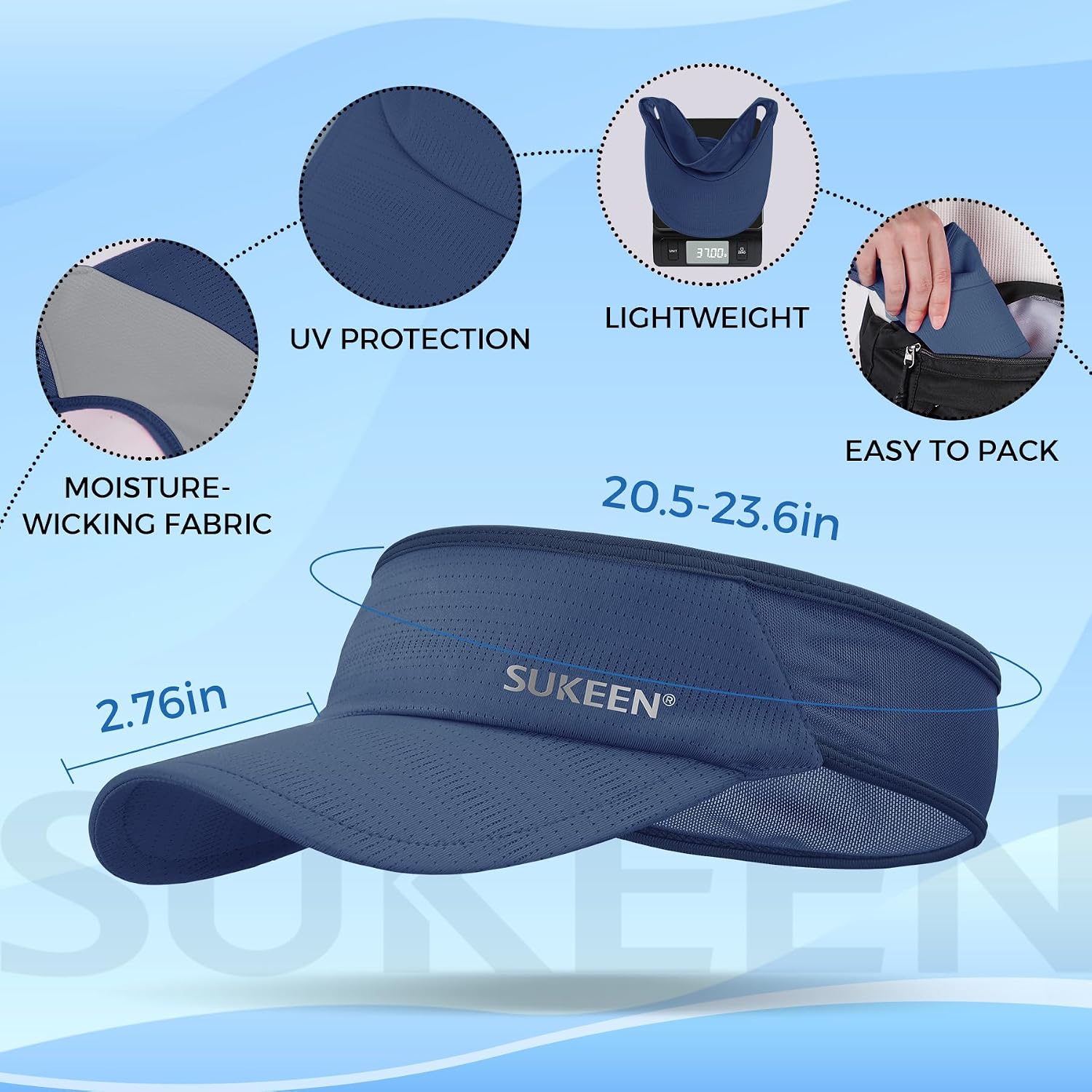 Detalle de Sukeen Sports Sun Visor (Men & Women) Lightweight, Packable Cooling Stretchy Visor Hat for Running, Tennis, Golf