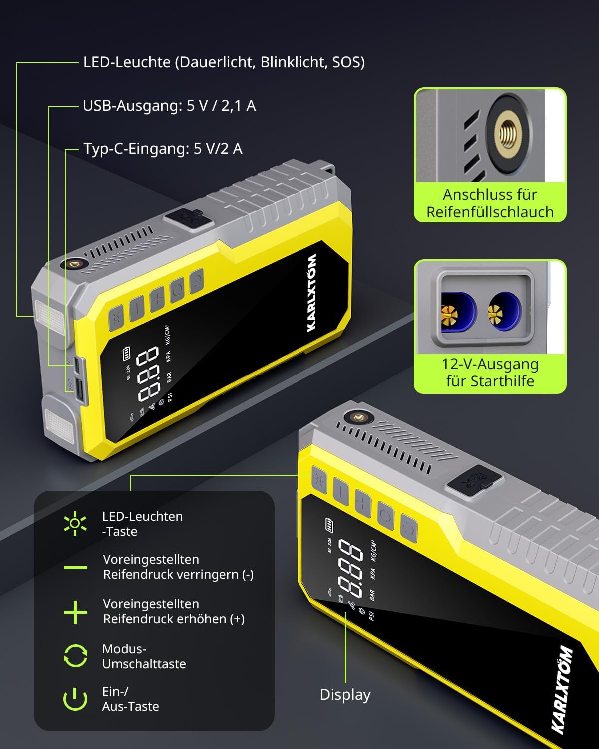 Thumbnail 6 de Karlxtom Starthilfe Powerbank mit 4500 A, 190 PSI Kompressor, 88 Wh & LED-Licht