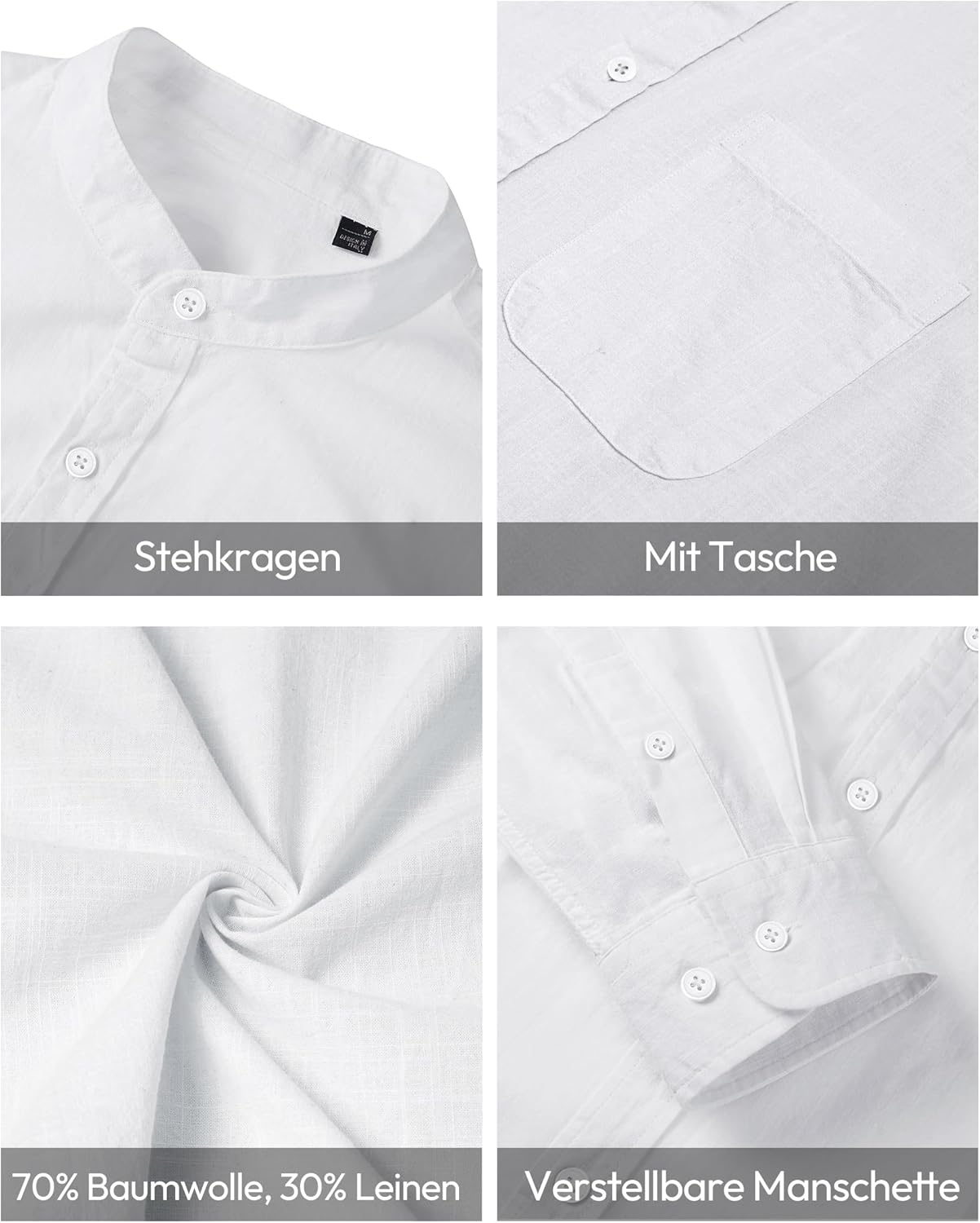 Detalle de Siliteelon Leinenhemd Herren Langarm mit Stehkragen – Casual Regular Fit, Sommerfreundlich