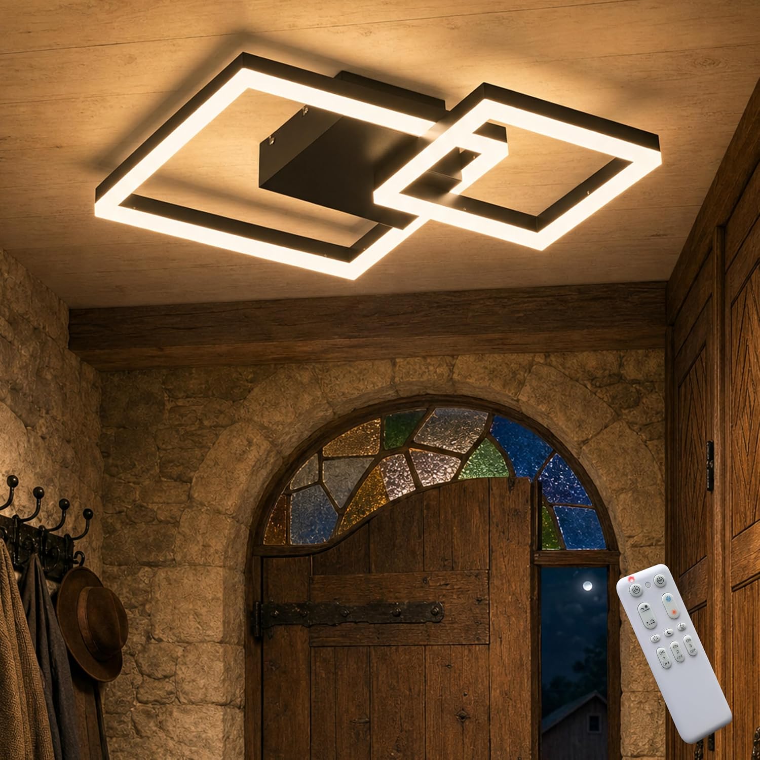 Detalle de SEATAIN LED Deckenleuchte Schlafzimmer, geometrisch schwarz, 30 W (3000 lm) mit Fernbedienung, 3000–6000 K und Nachtlicht