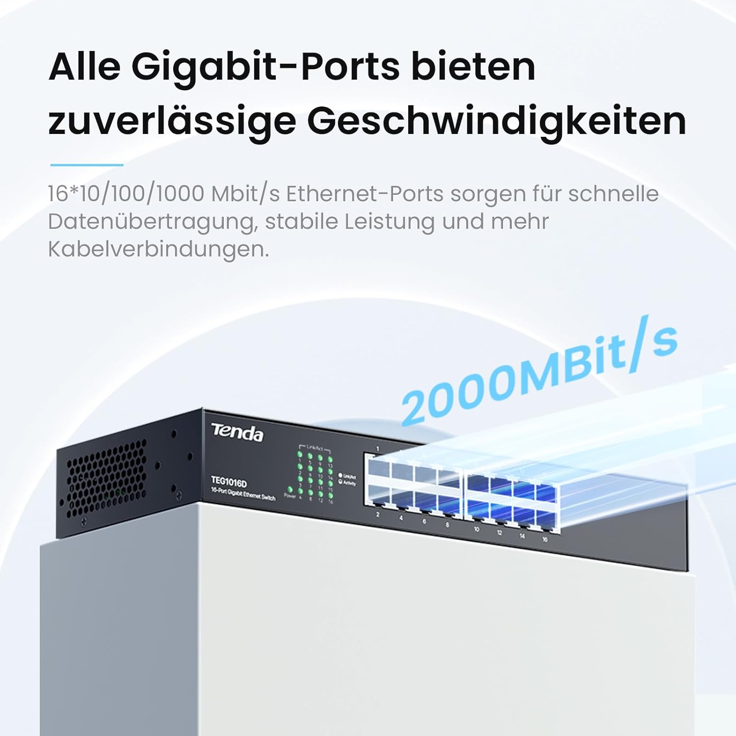 Thumbnail 2 de Tenda TEG1016D Tenda Netzwerk-Switch mit 16 Gigabit-Ports (unmanaged, Plug-and-Play, Rack/Wand, lüfterlos)