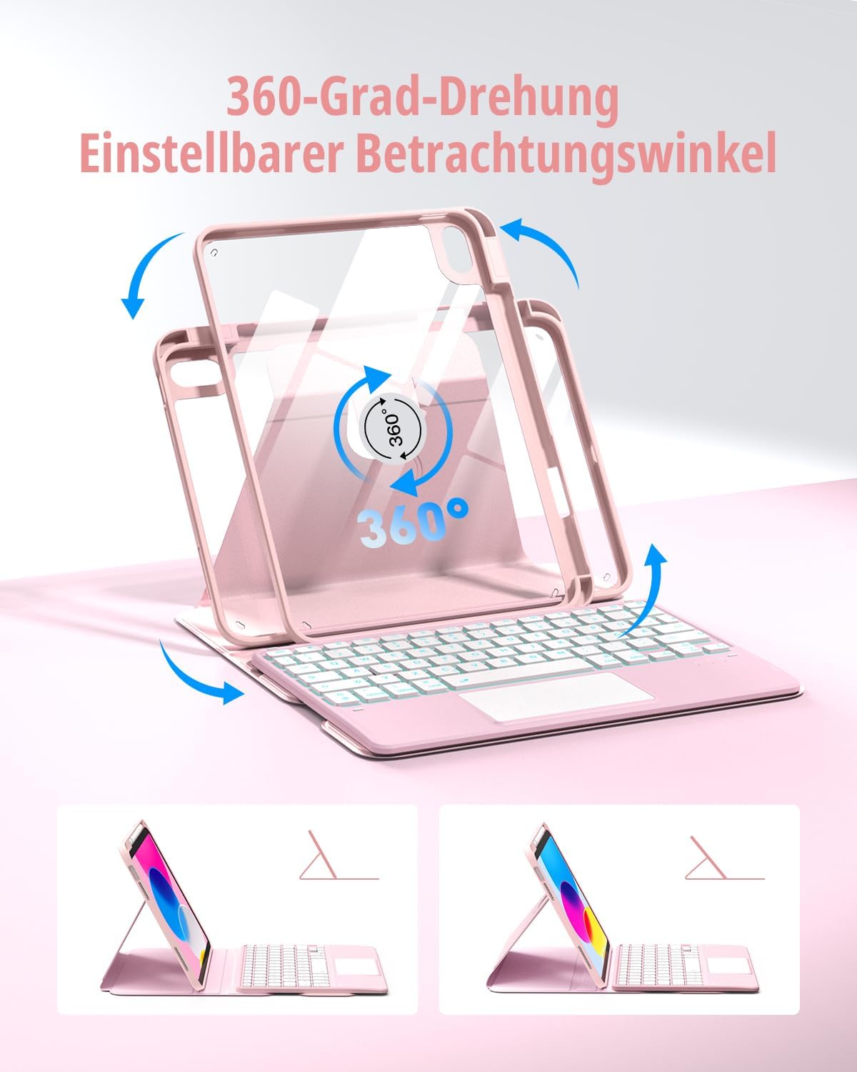 Detalle de CACOE Drehbare Hülle mit Tastatur für iPad (A16) 11/10 Generation inkl. Touchpad – Hellrosa