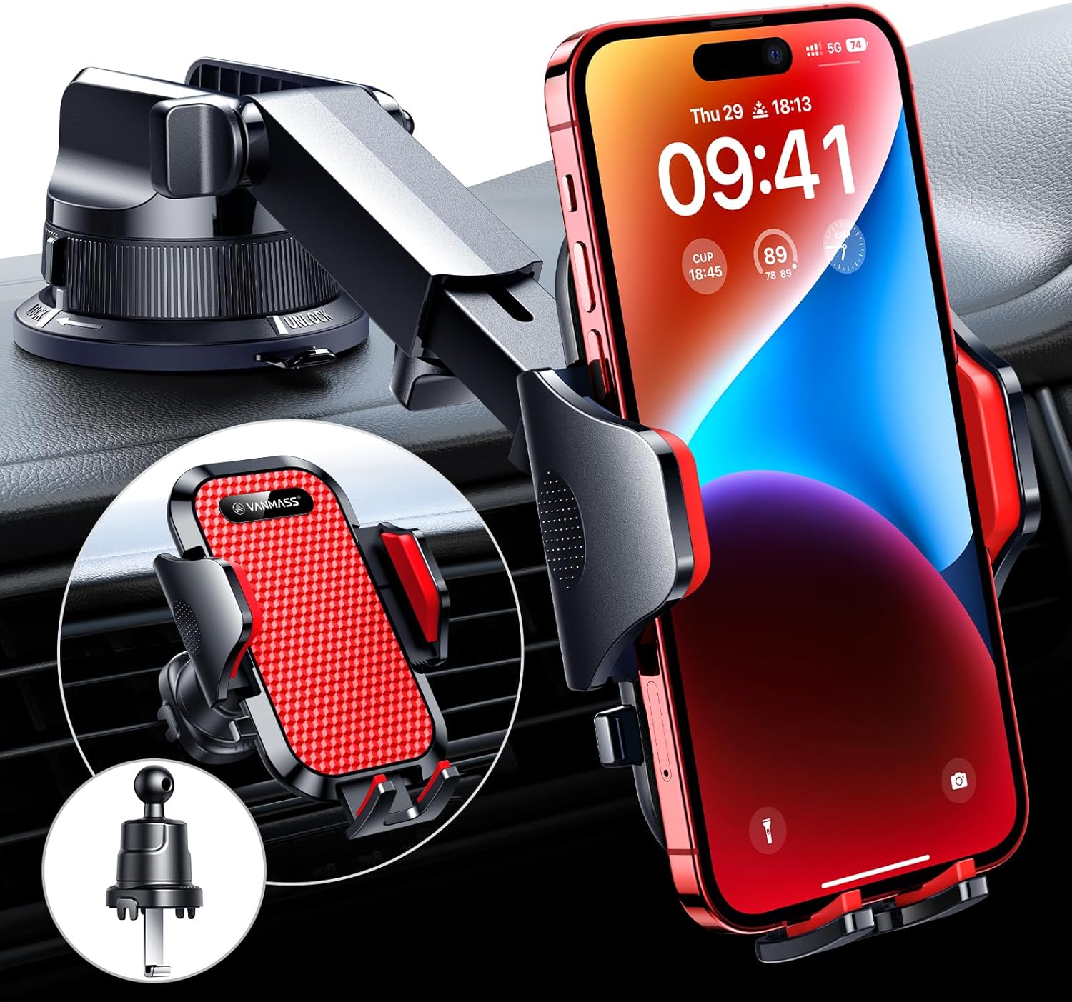 Detalle de VANMASS True Military-Grade Car Phone Mount (4–7 inch) with Ultimate Suction and Flexible Clip