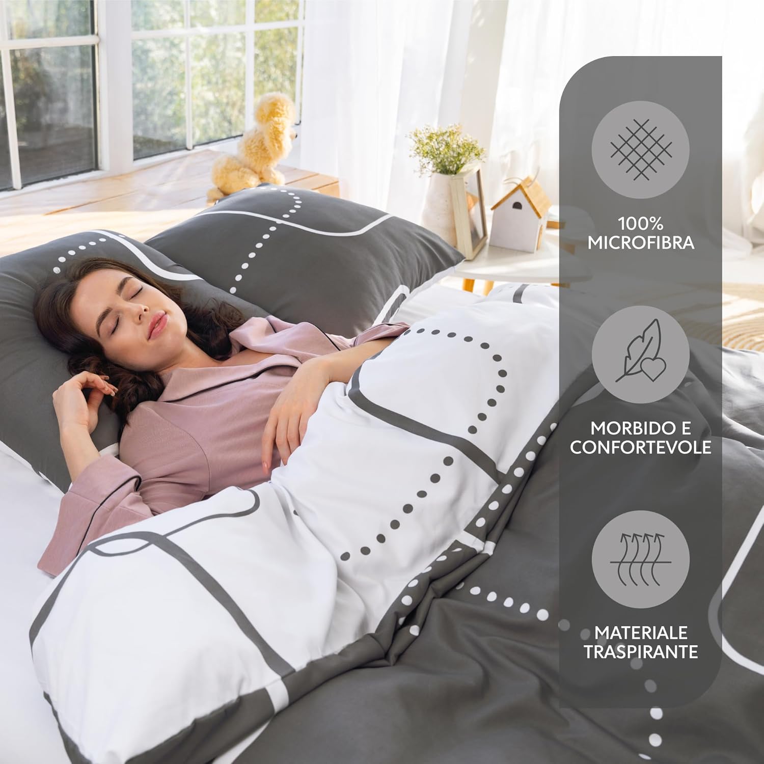 Thumbnail 1 de Dreamzie Copripiumino Matrimoniale 200x200 cm con 2 Federe 80x80 cm – Microfibra reversibile Motivo Geografico Grigio