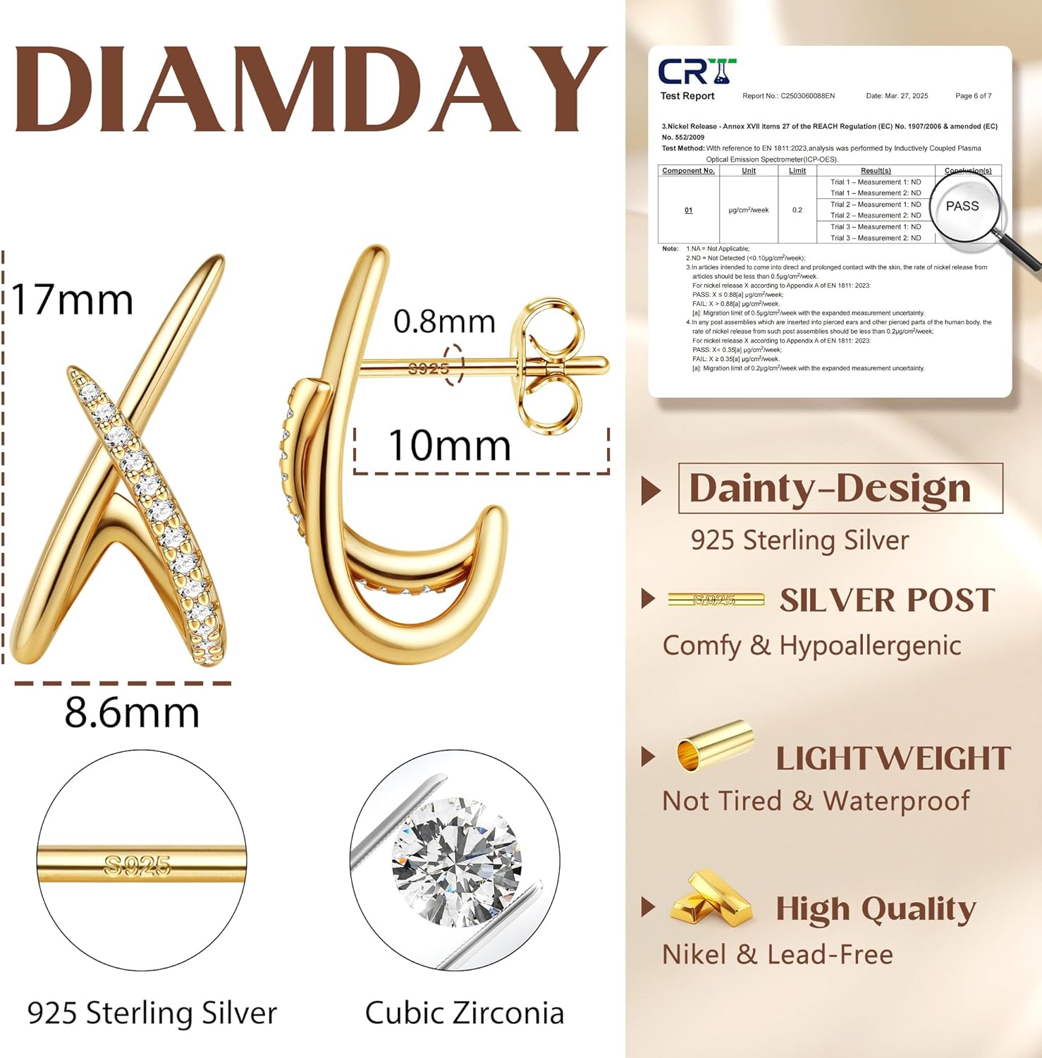 Thumbnail 3 de Diamday Ohrstecker aus Sterlingsilber 925 mit CZ – minimalistische Stecker in Gold/Silber, hypoallergen