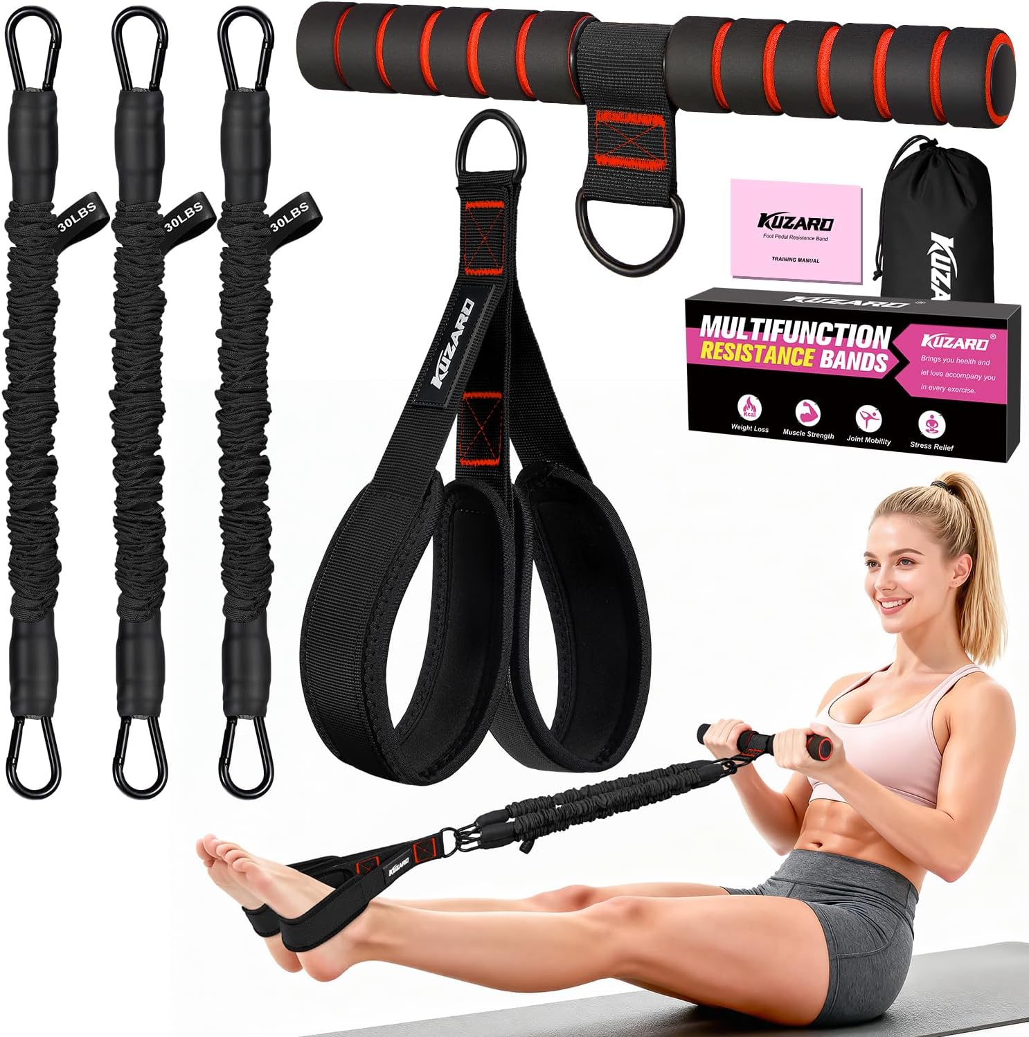 Detalle de KUZARO Upgraded Multifunction Pedal Resistance Band with Handle — 3-Tube Adjustable 30–90 lb, Full-Body Sit-Up & Pilates Kit for Women