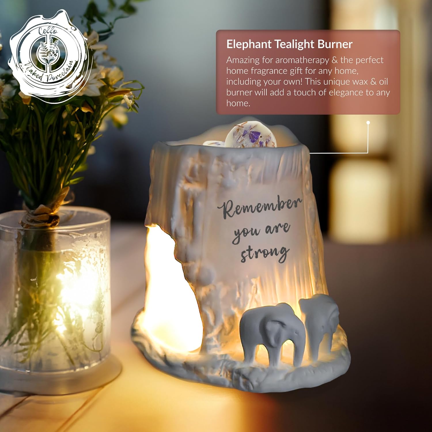 Thumbnail 1 de Cello Elephant Tealight Burner porcelain décor (wax melt & essential oil burner) – Remember You Are Strong