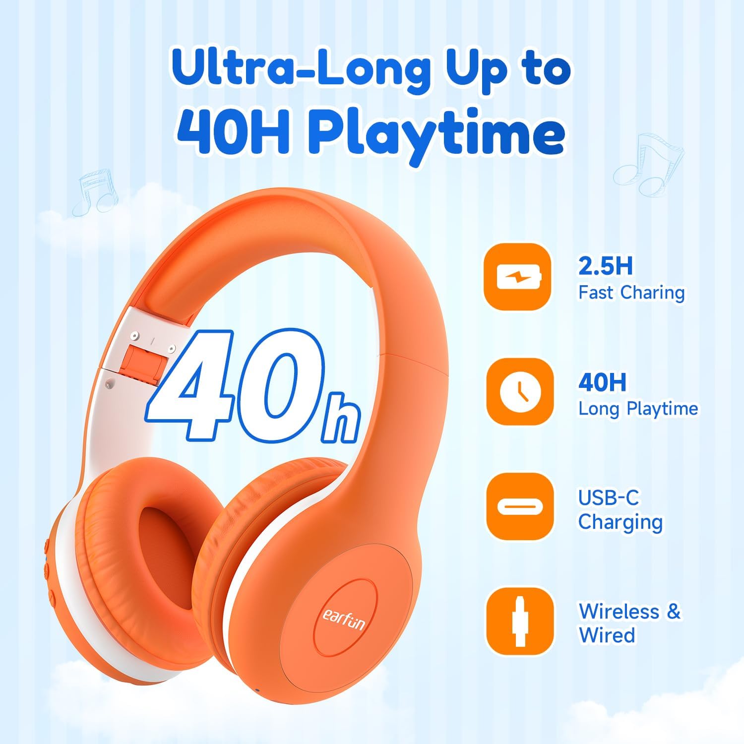 Thumbnail 5 de EarFun Bluetooth-Kopfhörer für Kinder (85/94 dB) mit HD-Mikrofon, 40 Std. Akku und faltbarem Design – Orange