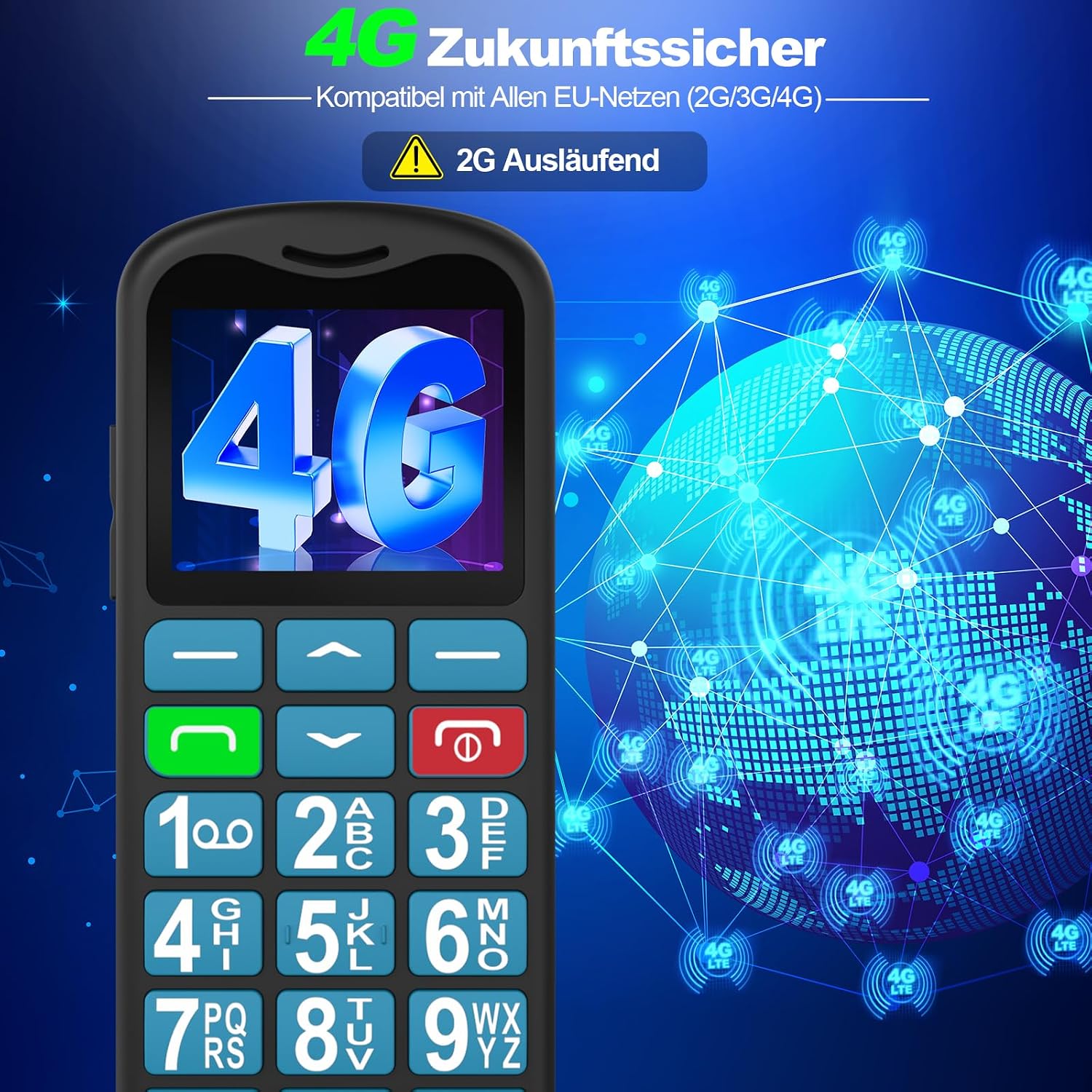 Detalle de uleway Seniorenhandy mit großen Tasten, 4G ohne Vertrag und SOS-Notruftaste (Nano-SIM, 1,77-Zoll-Display), Blau