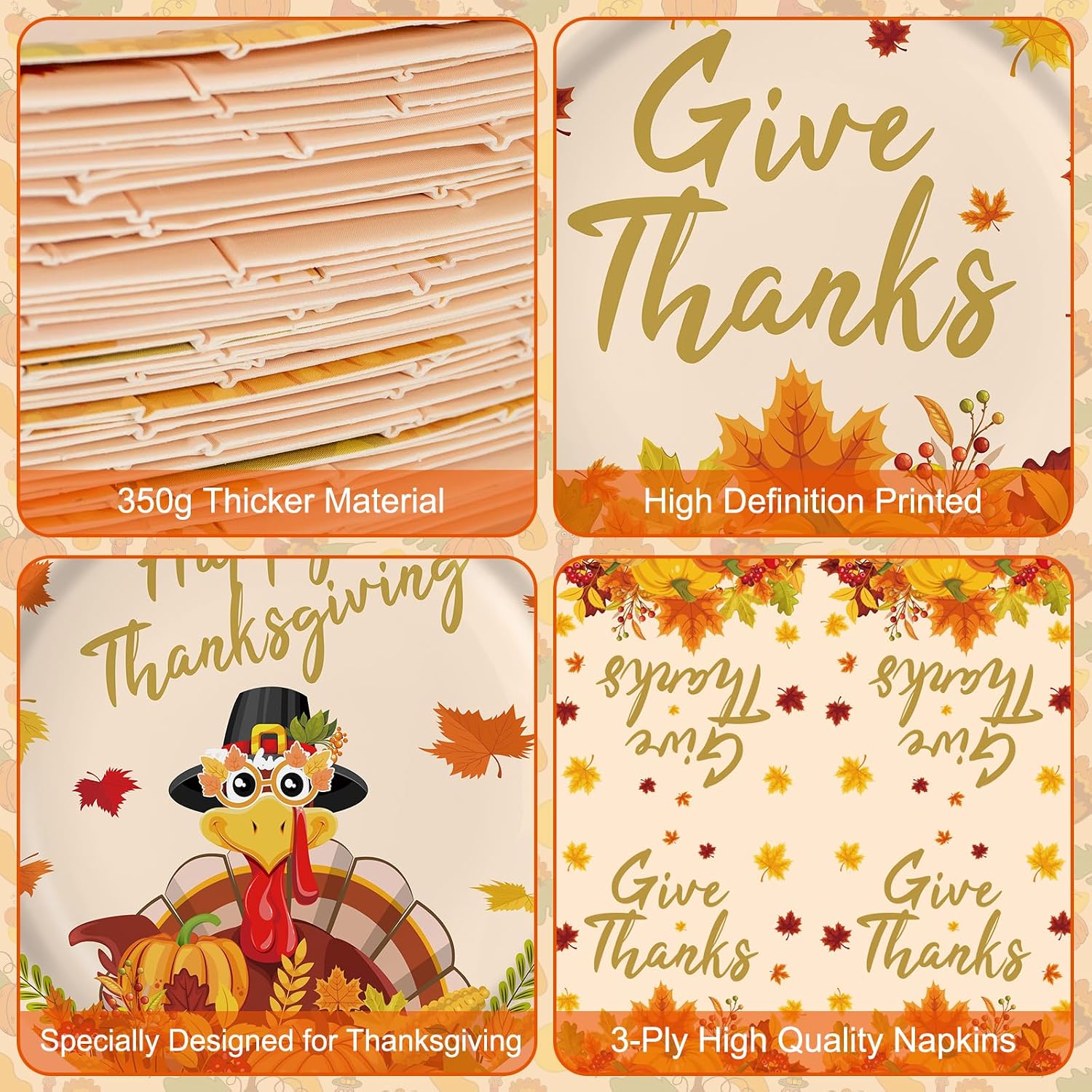 Detalle de PERFQU Thanksgiving Paper Plates and Napkins Set, 150 Pieces, 9- and 7-Inch