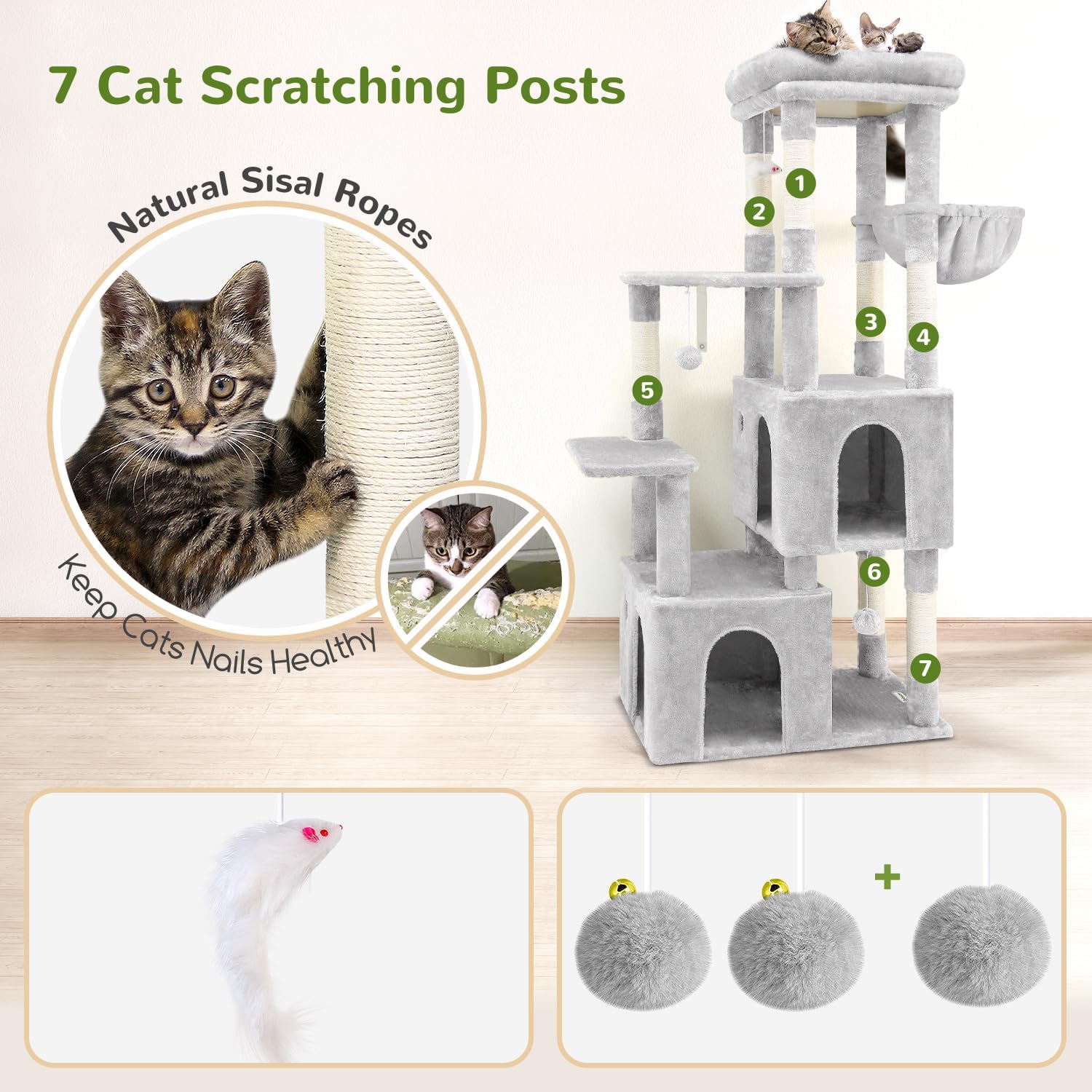 Detalle 1 de Globlazer F61 61-Inch Cat Tree for Large Cats with Sisal Posts and Two Condos