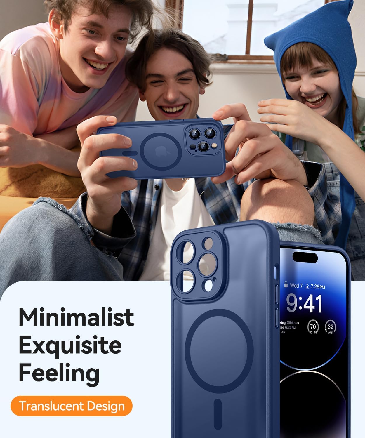 Thumbnail 6 de Coque Magnétique CANSHN pour iPhone 14 Pro (6,1 po) – Protection complète de l’appareil photo, finition mate translucide bleu foncé