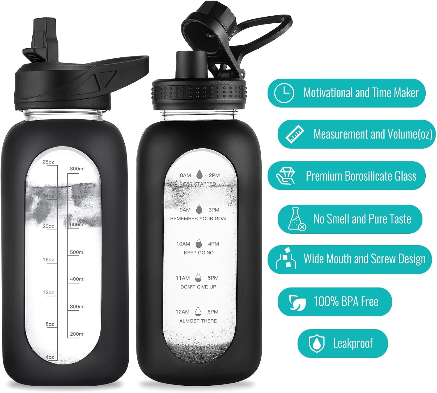 Detalle de EALGRO 32 oz Glass Water Bottle with Straw, Handle & Silicone Sleeve (Black)