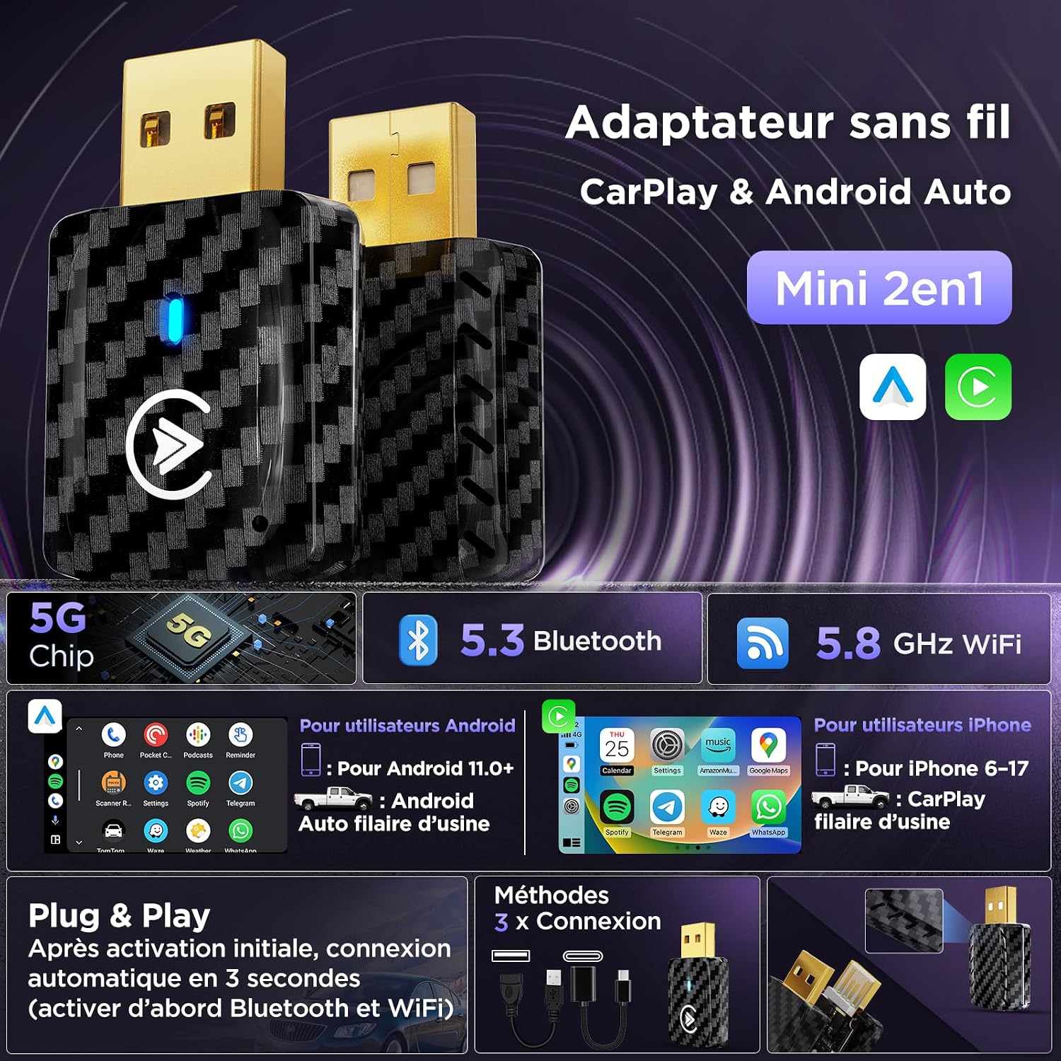Detalle de MSXTTLY U2AC-01 Adaptateur CarPlay sans fil