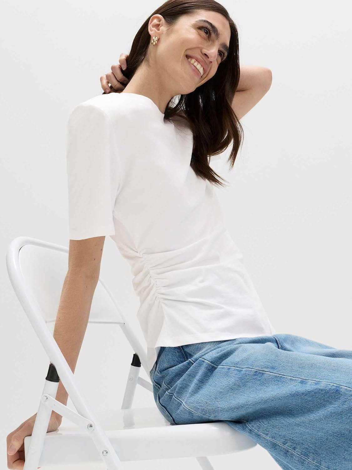 Detalle 1 de Marks & Spencer T-shirt van puur katoen met gevoerde schouders en asymmetrische zoom
