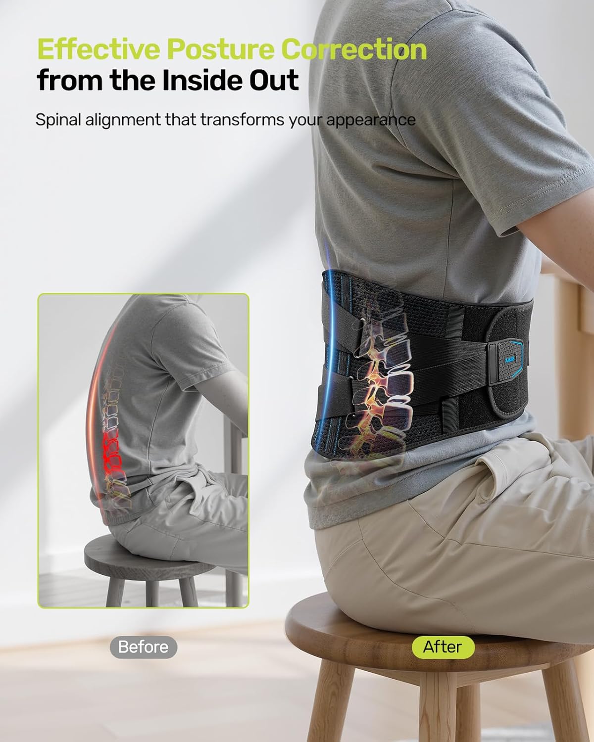 Thumbnail 6 de Rakiie ESP004 X-Large Lumbar Back Brace with 7 Stays and Removable Pad